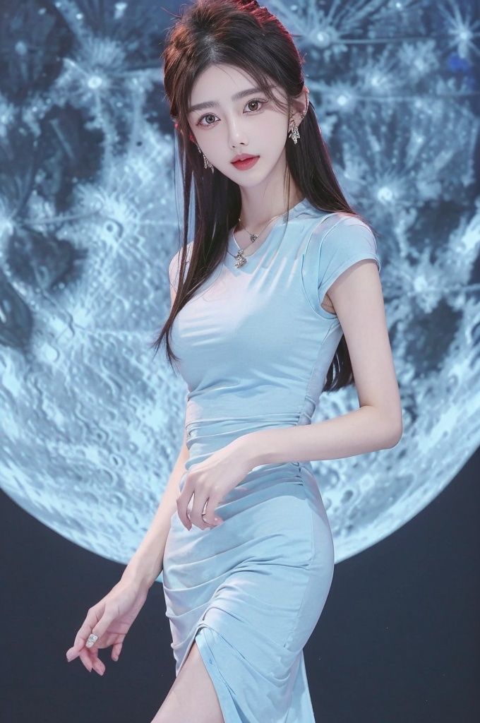 wanglin, 1girl, solo, earrings, jewelry, moon, dress, black hair