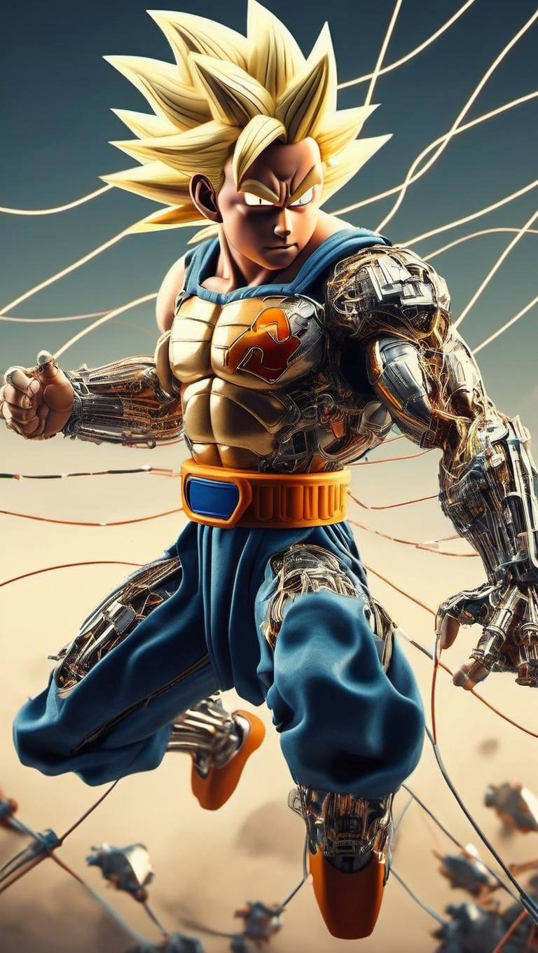 3D Artwork,  (an epic portrait of Goku with blonde Super Saiyan hair),  looking over shoulder on Tensor.Art