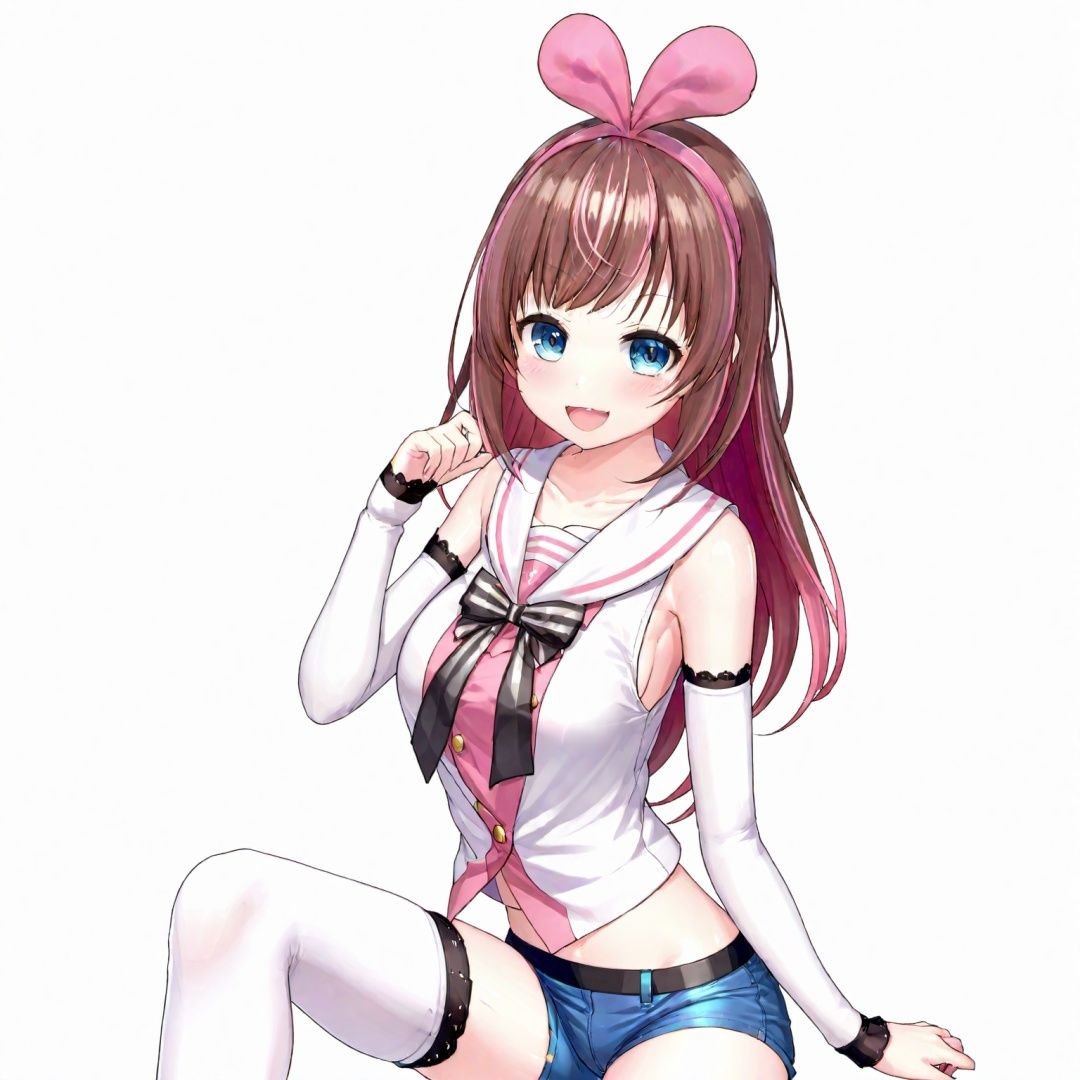Kizuna AI, 1girl, solo, long hair, breasts, looking at viewer, blush, smile, open mouth, bangs, blue eyes, brown hair, shirt, thighhighs, bow, medium breasts, sitting, collarbone, white shirt, pink hair, multicolored hair, hairband, detached sleeves, shorts, sleeveless, virtual youtuber, sailor collar, nail polish, white thighhighs, streaked hair, short shorts, sleeveless shirt, seiza, pink nails, white sailor collar, white shorts, pink hairband