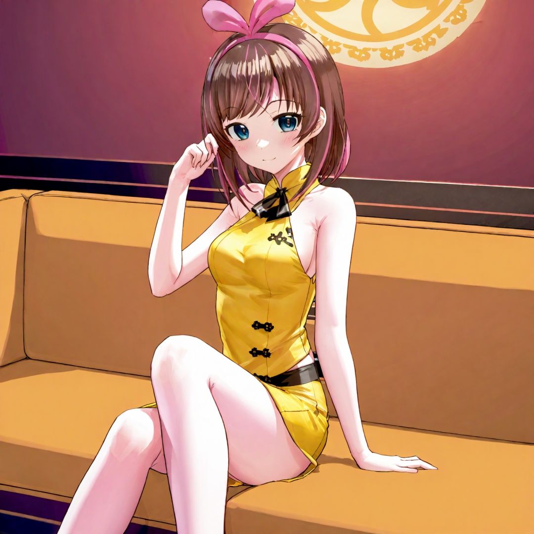 Kizuna AI, 1girl,[[pink hairband]],Dressed in a sexy yellow carved cheongsam, sitting on an indoor sofa
