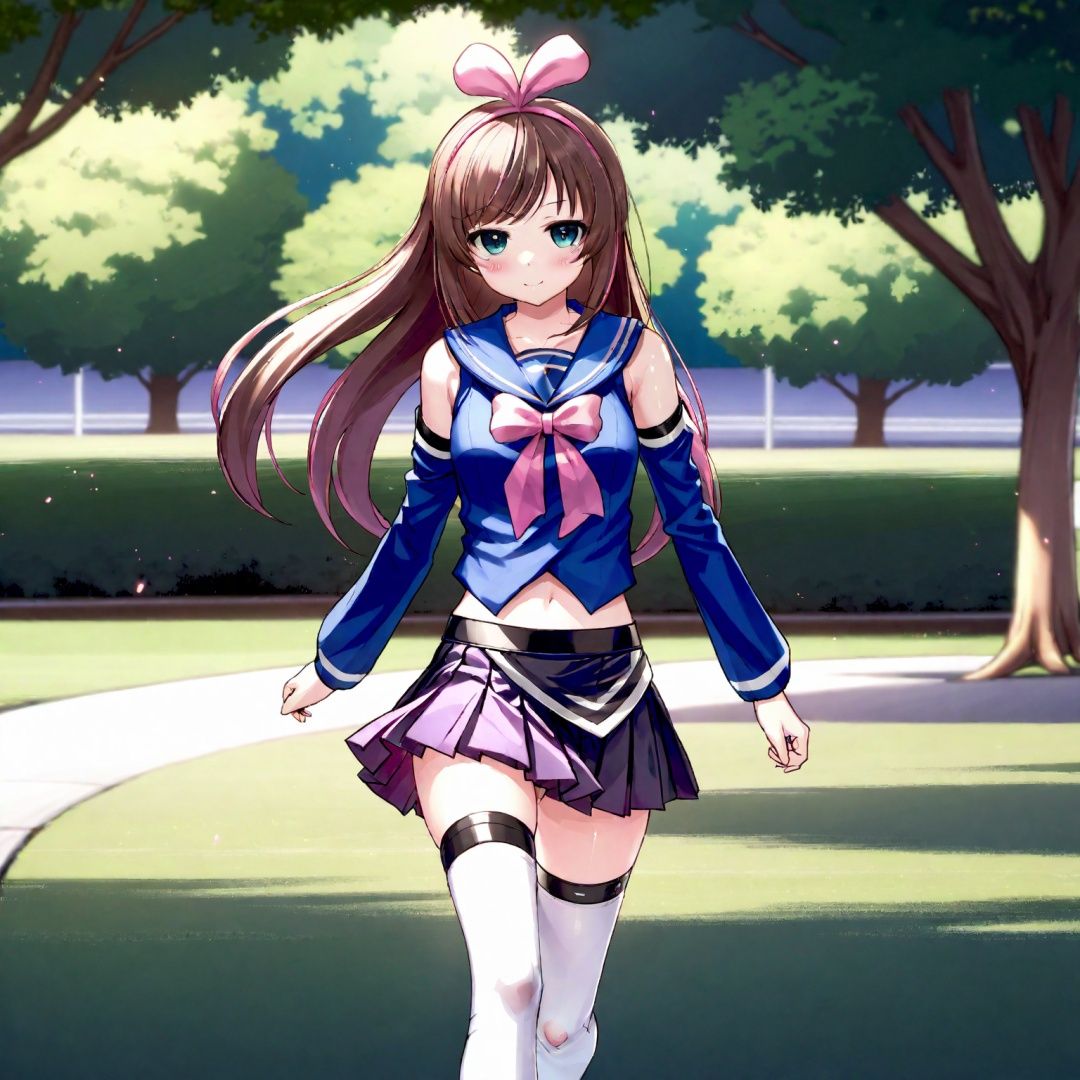 Kizuna AI, 1girl,Walking through the park in a blue kilt sailor suit