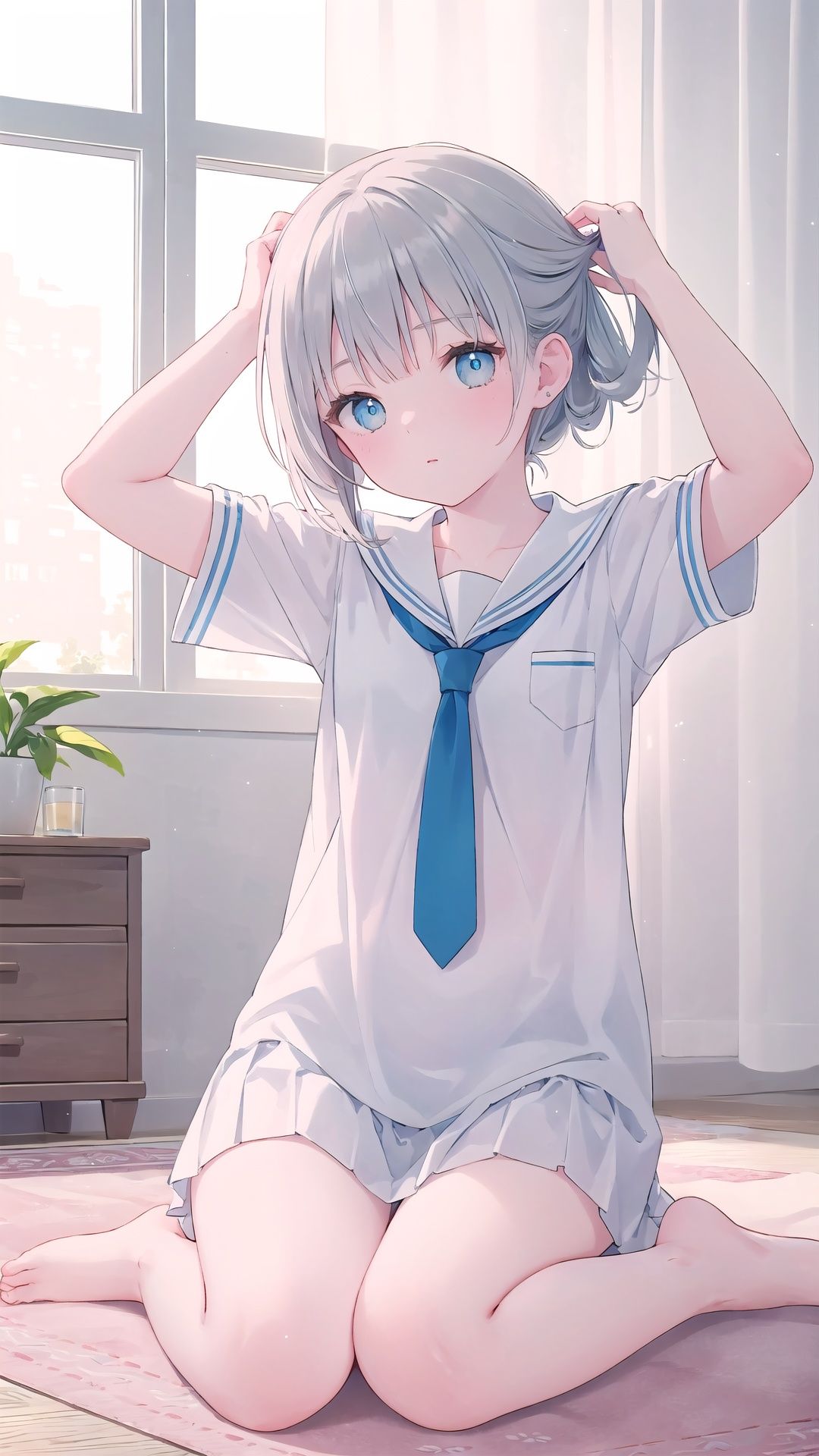 finely detail,Depth of field,(((masterpiece))),((extremely detailed CG unity 8k wallpaper)),best quality,high resolution illustration,Amazing,intricate detail,(best illumination, best shadow, an extremely delicate and beautiful),dramatic angle,
hdr,1girl,young,long_hair,silver_hair,serafuku,white_shirt,arms_up,small_breasts,short_sleeves,solo,hands in hair,Sitting on the carpet,necktie,bare legs,barefoot,clavicle,
noon,Modernist style architecture,window,White curtains,bedroom,white carpet,ipad,****