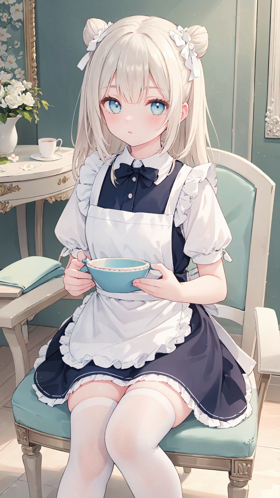 white_legwear, finely detail, Depth of field, (((masterpiece))), ((extremely detailed CG unity 8k wallpaper)), best quality, high resolution illustration, Amazing, highres, intricate detail, (best illumination, best shadow, an extremely delicate and beautiful),
1girl, solo, sitting, hair_bun, chair, stool, apron dress, maid, White Stockings, uwabaki