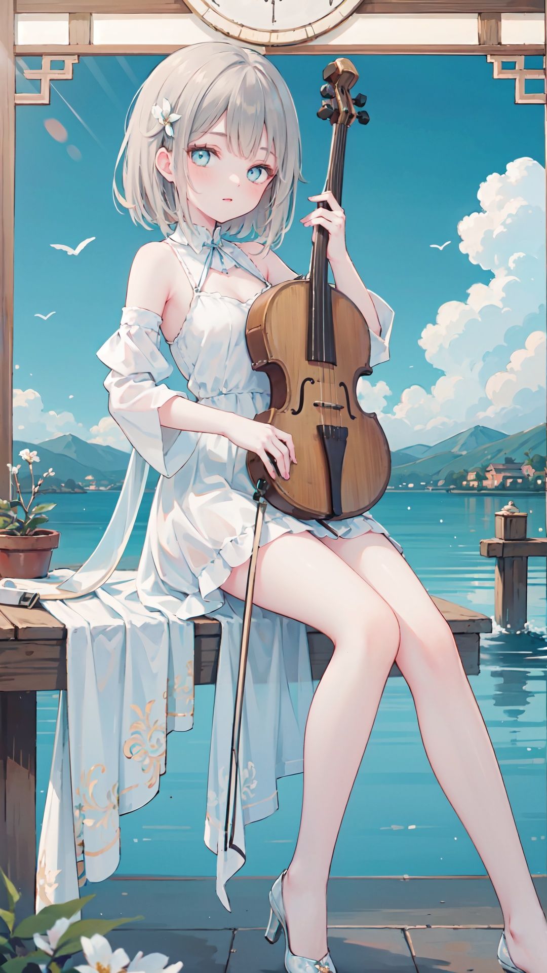 1girl, solo, long hair, violin, instrument, black eyes, dress, white dress, white hair, looking at viewer, light particles, closed mouth, indoors, jewelry, sleeveless, bare shoulders, bangs, head tilt, black rose, beautiful detailed eyes, detailed background, amanhecer, cloud, flower, sky, scenery, day, grass, outdoors, blue_sky, field, cloudy_sky, horizon, hydrangea, water, ocean, mountain, blue_flower, flower_field, bird, The black bow on the head,qingsha,plyaing violin,harp,****,foot focus,violin