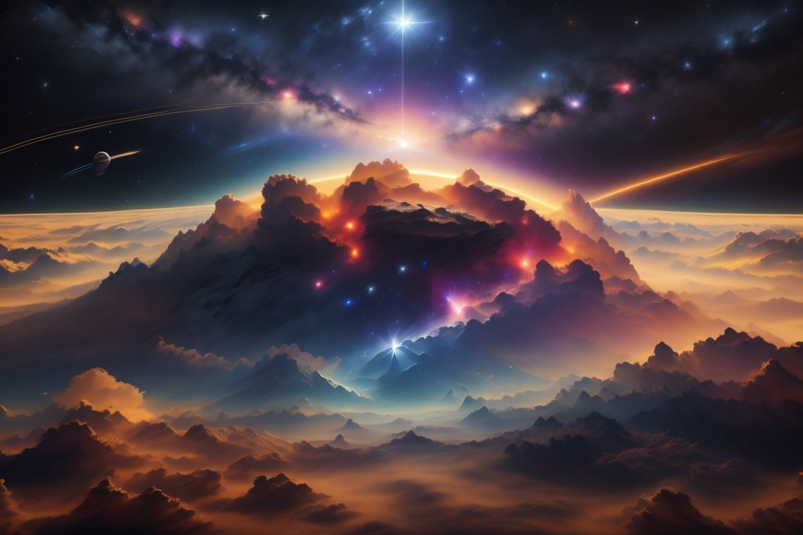 (best quality, 8K, ultra-detailed, masterpiece), (cinematic, photorealistic), Transport viewers to the breathtaking vastness of outer space. Craft an 8K masterpiece capturing the ethereal beauty of a nebula and galaxy. Pay meticulous attention to ultra-details, showcasing the intricate interstellar dust and celestial formations. Create a cinematic and photorealistic composition that immerses the audience in the awe-inspiring wonders of the cosmos.