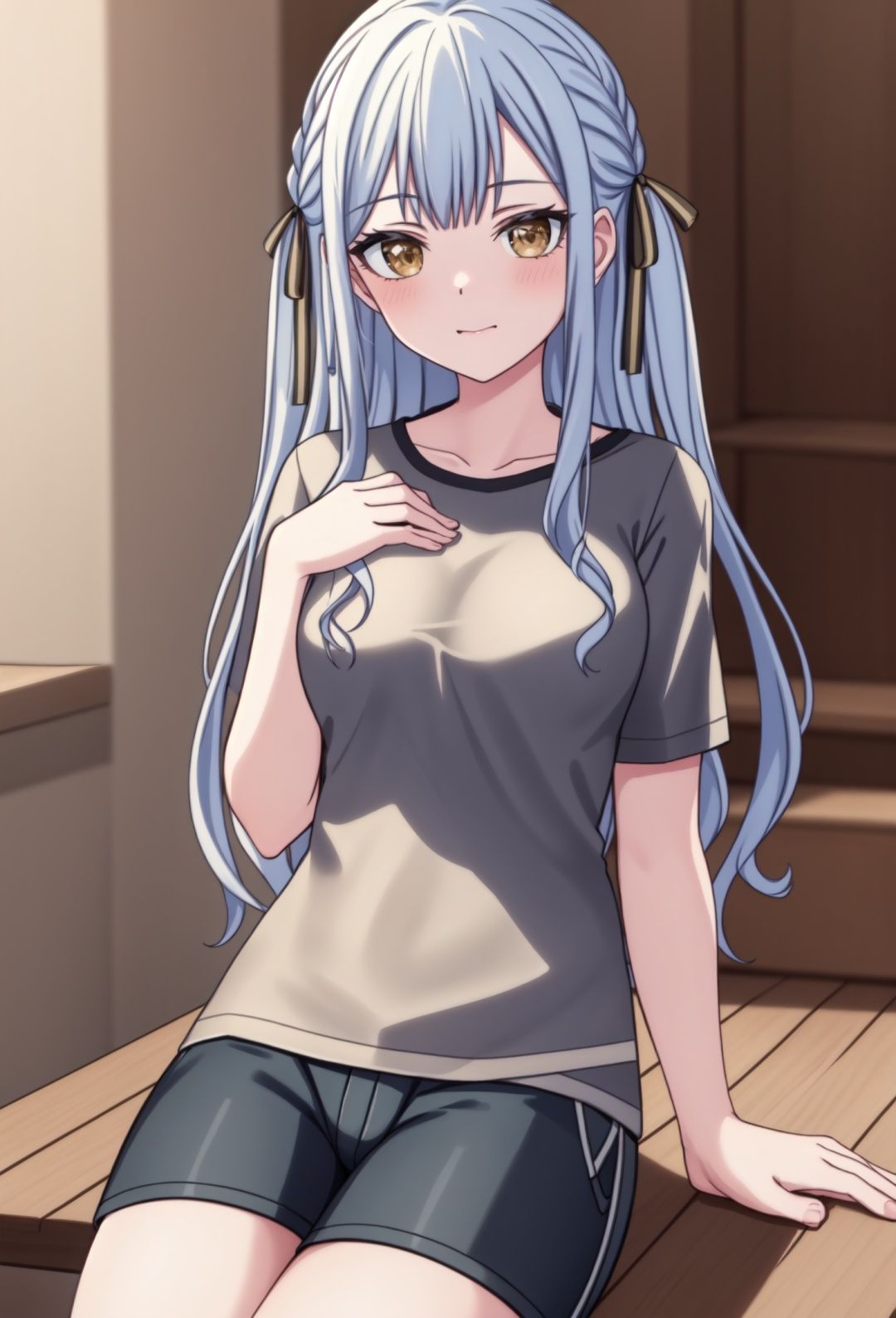 masterpiece, best quality,t-shirt，shorts，hand between legs