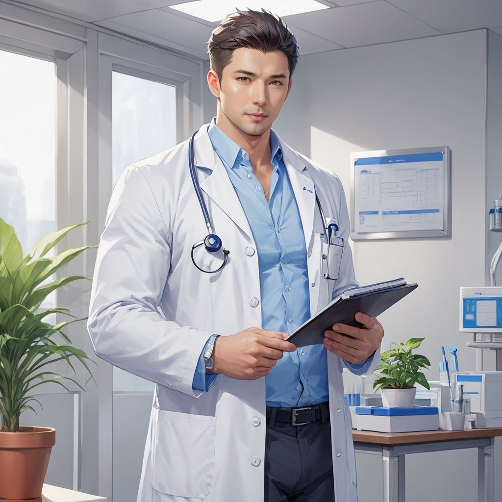 masterpiece, 1 Man, Look at me, Handsome, Short hair, White coat, Doctor., With a report in his hand., Topless, Bulge, Body hair, medical apparatus, Potted plant, Indoor, Brother and noble, Asian male, Big tits, blue shirt, textured skin, super detail, best quality