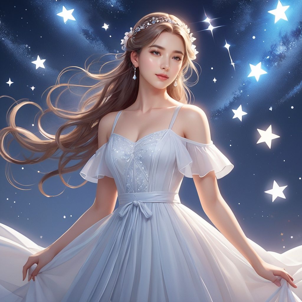 1girl, cute, lovely, sweet, among stars, long dress, pretty face, dynamic angle, masterpiece, ultra-highres, 8k wallpaper, CG unity, delicate lighting and shadows, delicate details, perfect hands, Look at me, best quality 