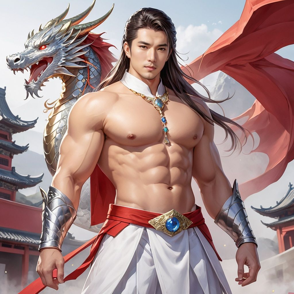 boy, long hair, jewelry, Short hair, looking at viewer, dragon, hair ornament, solo, light particles, forehead jewel, facial mark, closed mouth, eastern dragon, bangs, hair between eyes, forehead mark, shoulder armor, Above the leg, Expose your belly button, Topless, Metal shoulder guard, Muscle and meat, Brother and noble, Big tits, Glossy skin, Asian male, Chinese-style architecture is behind it., sparkle 