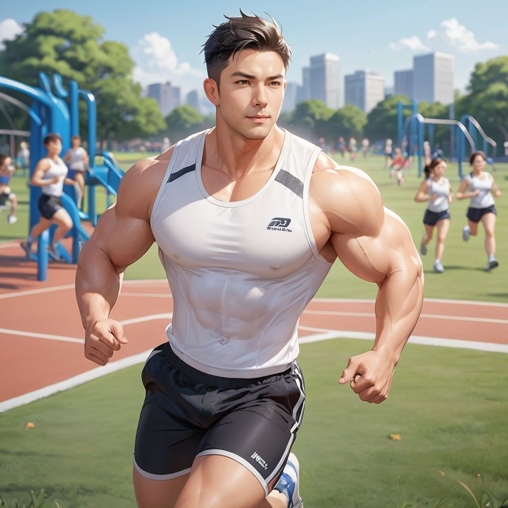masterpiece, 1 Man, Look at me, Handsome, Short hair, Hu dregs, Physical education teacher, Muscular development, Run on the playground, White vest, Black shorts, Perspiration, Glossy skin, Big tits, Grassland, textured skin, super detail, best quality 