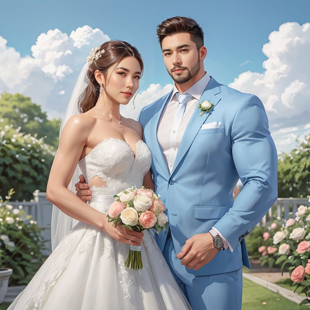 masterpiece, 1 Man, Lovely, Young, Beard, Business suit, Muscular development, Muscle and meat, 1 girl, Lovely girl, Wedding dress, Marriage, Outdoor, Light blue sky, Clouds, Garden, Wedding venue, Asian, textured skin, super detail, best quality <lora:SexMen_V1-000002:0.6>