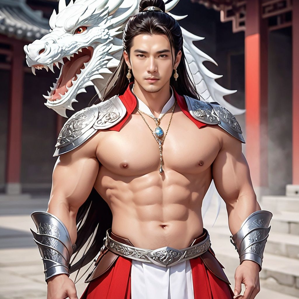 boy, long hair, jewelry, Short hair, looking at viewer, dragon, hair ornament, solo, light particles, forehead jewel, facial mark, closed mouth, eastern dragon, bangs, hair between eyes, forehead mark, shoulder armor, Above the leg, Expose your belly button, Topless, Metal shoulder guard, Muscle and meat, Brother and noble, Big tits, Glossy skin, Asian male, Chinese-style architecture is behind it., sparkle 