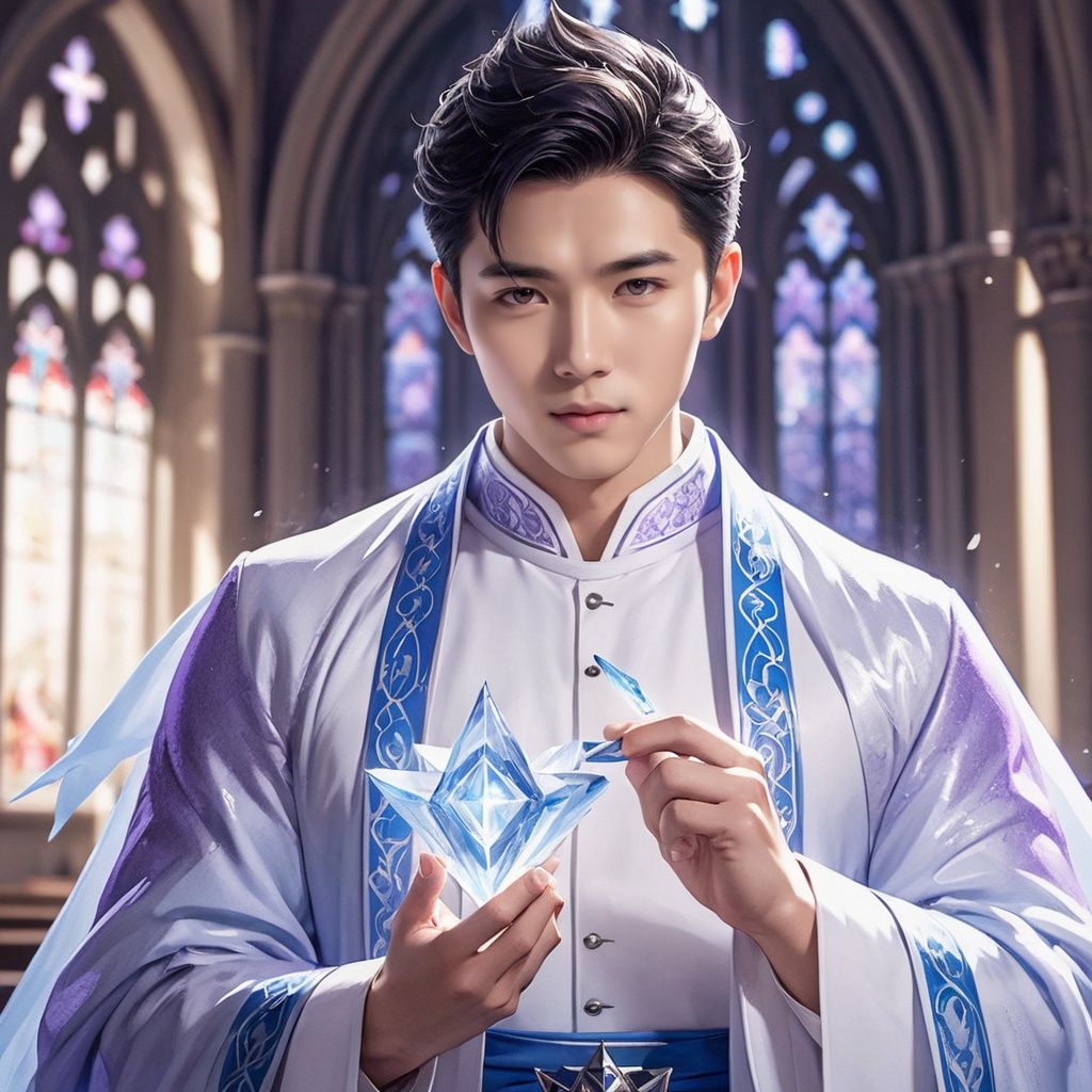 masterpiece, 1 boy, Lovely, Handsome, Father, Church, Light and shadow, Asian boy, Glossy skin, Uncensored, Station, Use dark magic., Ice magic, Blue magic alternates with purple magic., textured skin, super detail, best quality 