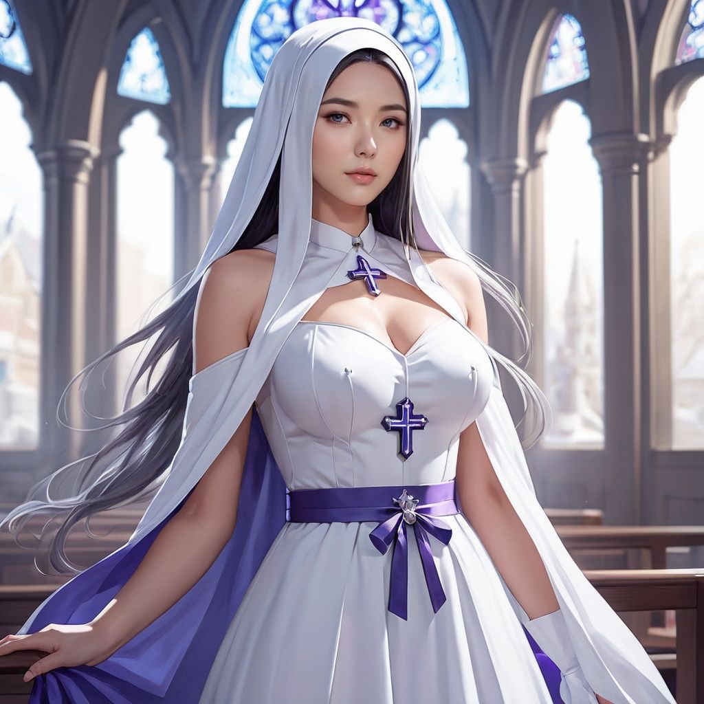 masterpiece, 1 girl, A sexy girl, Lovely, Long hair, Sister., Mini-short nun dress, Church, Cleavage, Light and shadow, Asian girl, Glossy skin, Uncensored, Station, Use dark magic., Ice magic, Blue magic alternates with purple magic., textured skin, super detail, best quality 