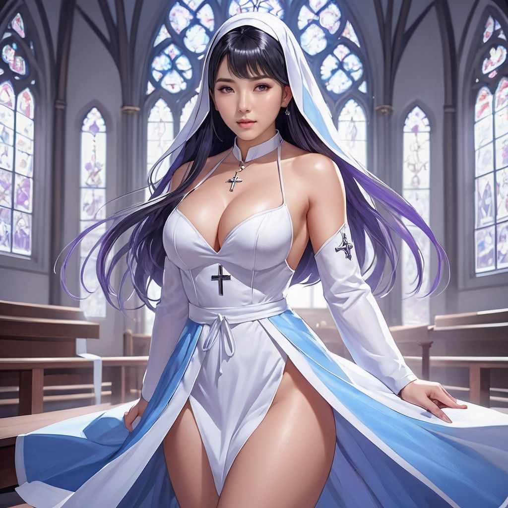 masterpiece, 1 girl, A sexy girl, Lovely, Long hair, Sister., Mini-short nun dress, Church, Cleavage, Light and shadow, Asian girl, Glossy skin, Uncensored, Station, Use dark magic., Ice magic, Blue magic alternates with purple magic., textured skin, super detail, best quality 
