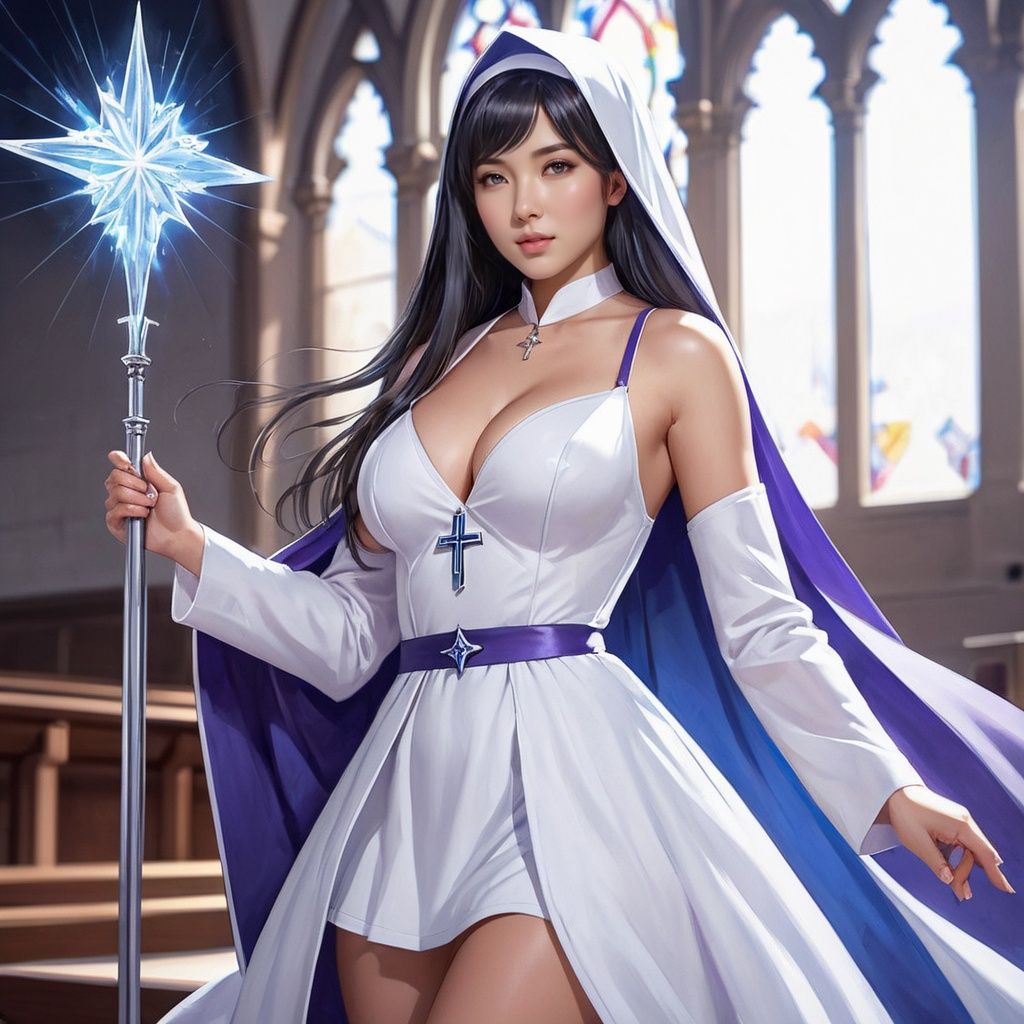 masterpiece, 1 girl, A sexy girl, Lovely, Long hair, Sister., Mini-short nun dress, Church, Cleavage, Light and shadow, Asian girl, Glossy skin, Uncensored, Station, Use dark magic., Ice magic, Blue magic alternates with purple magic., textured skin, super detail, best quality 
