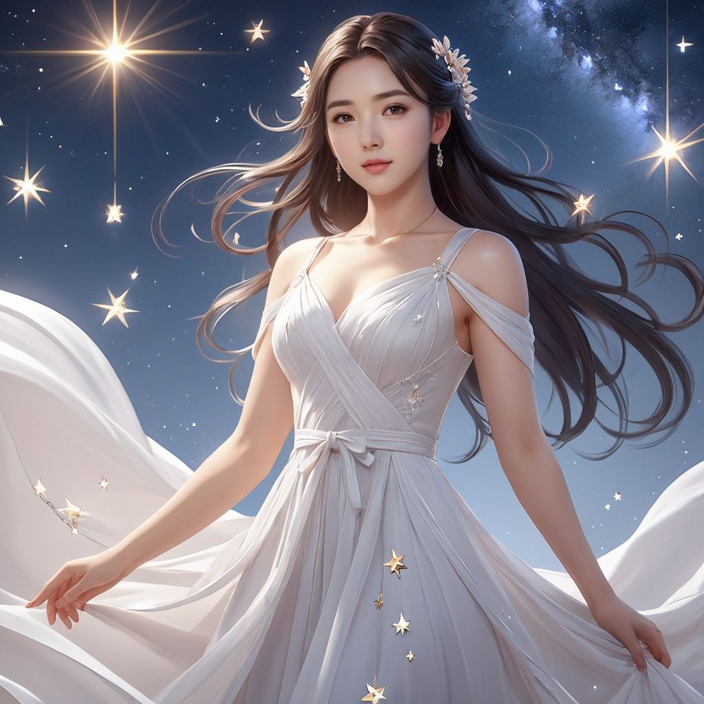1girl, cute, lovely, sweet, among stars, long dress, pretty face, dynamic angle, masterpiece, ultra-highres, 8k wallpaper, CG unity, delicate lighting and shadows, delicate details, perfect hands, Look at me, Asian girl, best quality, textured skin, super detail