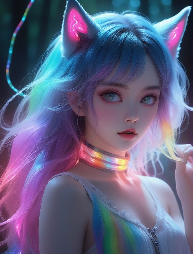 masterpiece, best quality, ultra high res, highly detailed, (psychedelic art:1.4), (woman, demon:1.3), (floating in dark mist:1.1), furry girl, anime furry women, ((best quality)), ((masterpiece)), ((realistic)), (detailed), portrait, close up, young female, RAW photo, uhd, dslr, rainbow hair, high quality, realistic, photo realistic, dreamlikeart, lens flare, upper body, looking at viewer, animal focus, furry, wolf fursuit, 1girl, cute, kawaii, lovely, fur, fur head, wolf head, narrow waist, wolf ears, black chocker, blush, paw, paw shoes, rainbow clothes, stunning gradient colors, no watermark signature, detailed background, woods, small lake with island, insanely detailed, visually stunning, wicked, hypnotic, alluring, cowboy shot, intricate, perferct shading, veil, beautiful, award-winning illustration, cosmic space background, ethereal atmosphere, ultra quality, beautiful girl, cosmical concept, rainbow strings, rainbow skin, rainbow bloody veins growing and intertwining out of the darkness, nailed wire, oozing thick blue blood, sharp neon, veins growing and pumping blood, vascular networks growing, green veins everywhere, yin and yang, glowing space, glowing stars, infinity symbol, dynamic pose, flying pose, glowing body, (rainbow aura:1.1), beautiful angel, clockwork, lightning, majestic, breathtaking