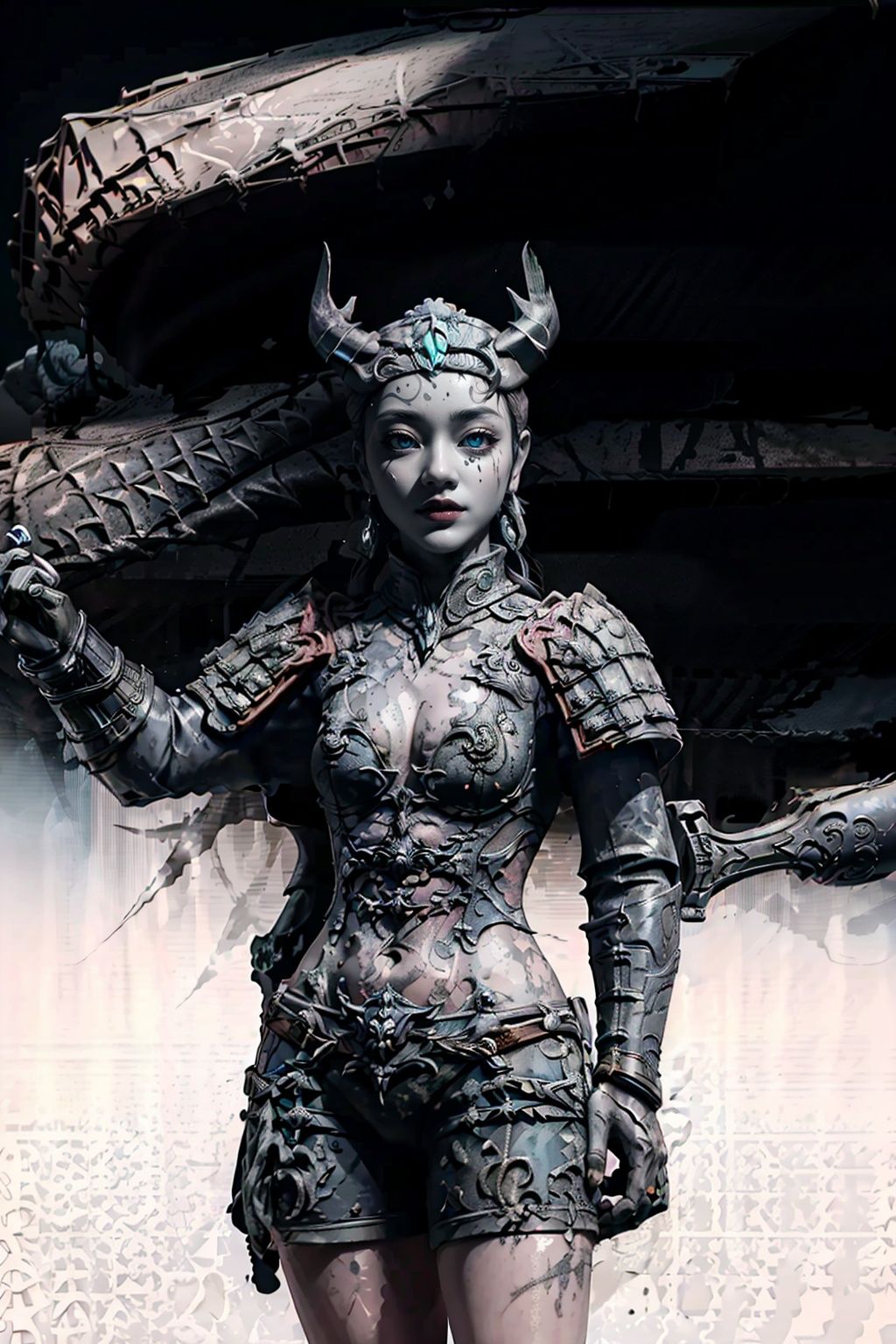 (((best))),8k,UHD,((masterpiece)),bright ,high quality,realistic,solo,Colored lead painting,red style,3girls,Wearing armor,beret,string,revolver,bare legs,greyscale,snow background,shorts,t-shirt,fang,aqua eyes,(glowing eyes),(splatter background),horns,Chest,leihua,jyy-hd,mds-hd,greendesign,sssr,hand101,lightning
