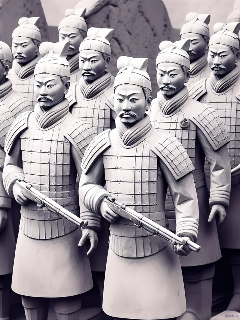 <lora:binmayong-000000:0.8>,masterpiece,best quality,binmayong,weapon,gun,armor,multiple boys,facial hair,6+boys,monochrome,holding weapon,holding,hat,soldier,holding gun,mustache,male focus,helmet,greyscale,army,beard,handgun,looking at viewer,sword,