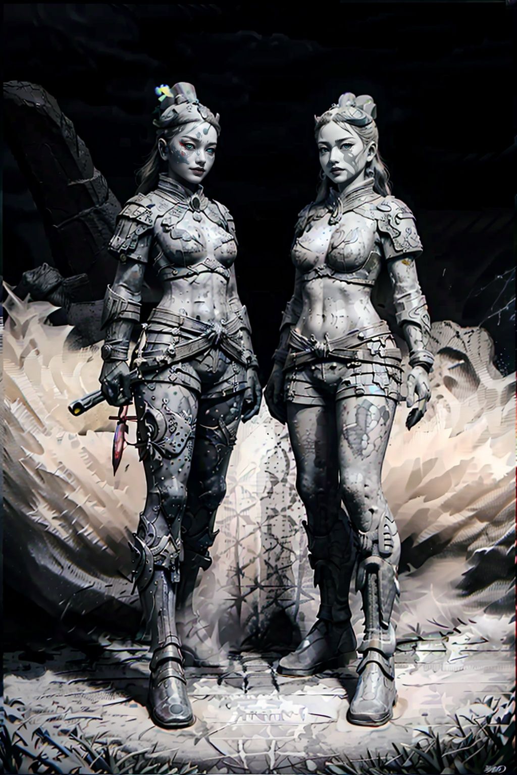 (((best))),8k,UHD,((masterpiece)),bright ,high quality,realistic,solo,Colored lead painting,red style,3girls,Wearing armor,beret,string,revolver,bare legs,greyscale,snow background,shorts,t-shirt,fang,aqua eyes,(glowing eyes),(splatter background),horns,Chest,leihua,jyy-hd,mds-hd,greendesign,sssr,hand101,lightning