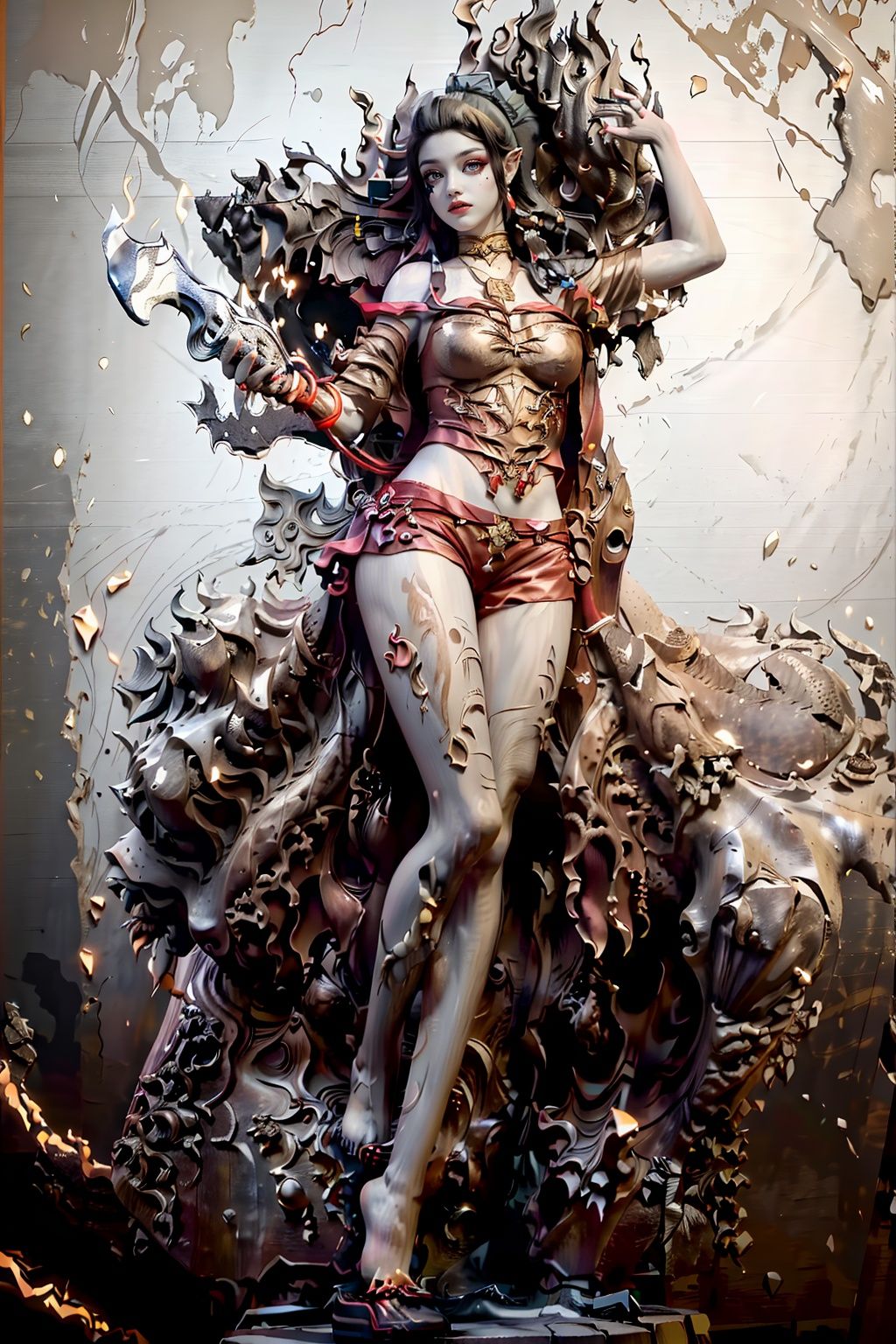 (((best))),8k,UHD,((masterpiece)),bright ,high quality,realistic,solo,Colored lead painting,1girl,beret,string,revolver,bare legs,greyscale,snow background,shorts,t-shirt,fang,aqua eyes,(glowing eyes),(splatter background),horns,Chest,leihua,jyy-hd,mds-hd,red,red greendesign,mudiao