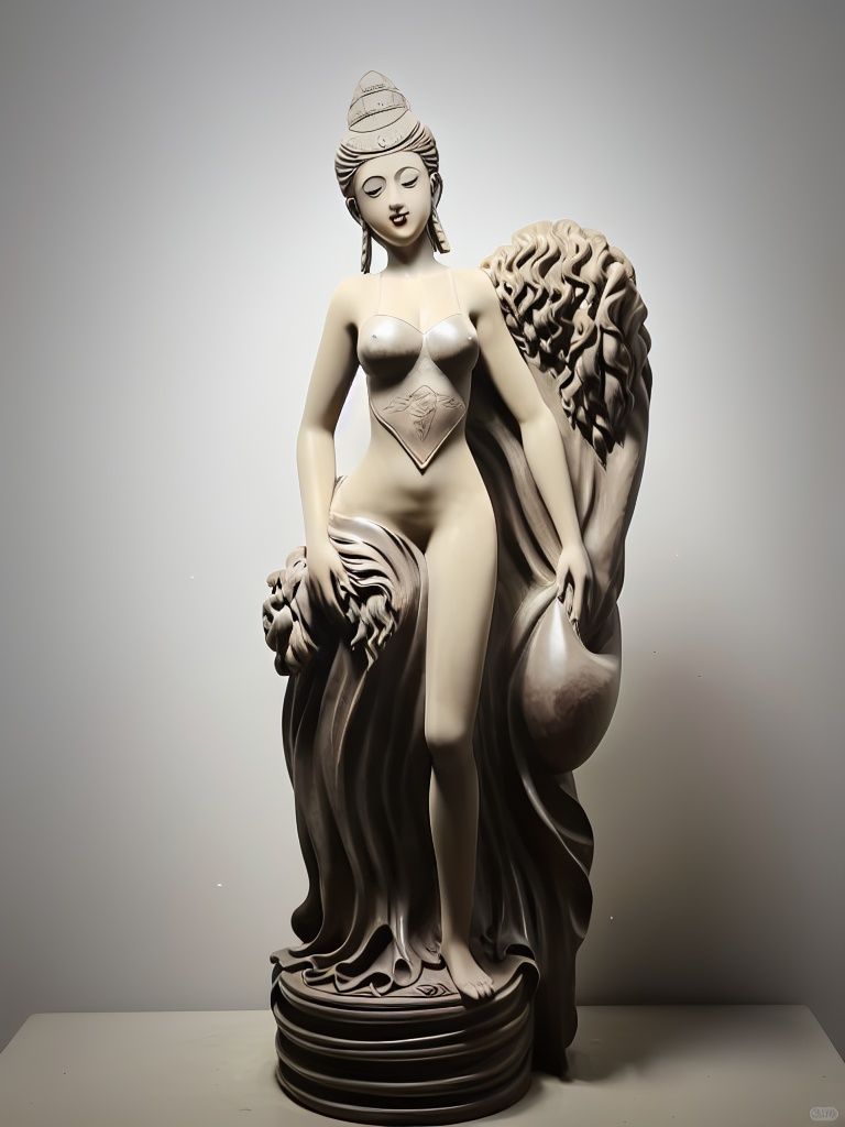 <lora:mudiao-000009:0.8>,masterpiece,best quality,mudiao, 1girl, statue, solo, barefoot, pubic hair, fine art parody, breasts, closed eyes, female pubic hair, hair bun, jewelry, single hair bun, earrings, black nails, full body, standing, bare shoulders, monochrome, nail polish