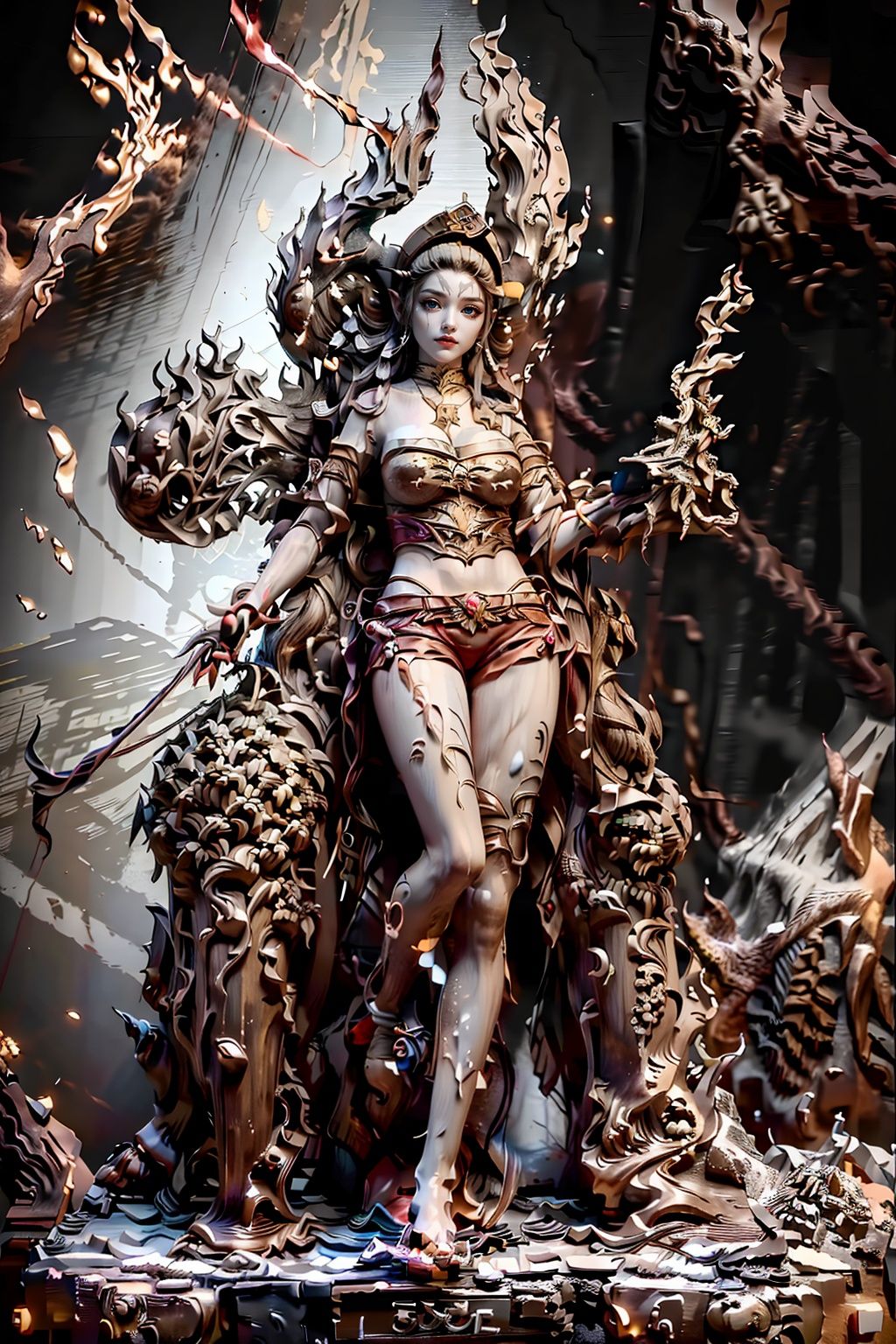 (((best))),8k,UHD,((masterpiece)),bright ,high quality,realistic,solo,Colored lead painting,1girl,beret,string,revolver,bare legs,greyscale,snow background,shorts,t-shirt,fang,aqua eyes,(glowing eyes),(splatter background),horns,Chest,leihua,jyy-hd,mds-hd,red,red greendesign,mudiao