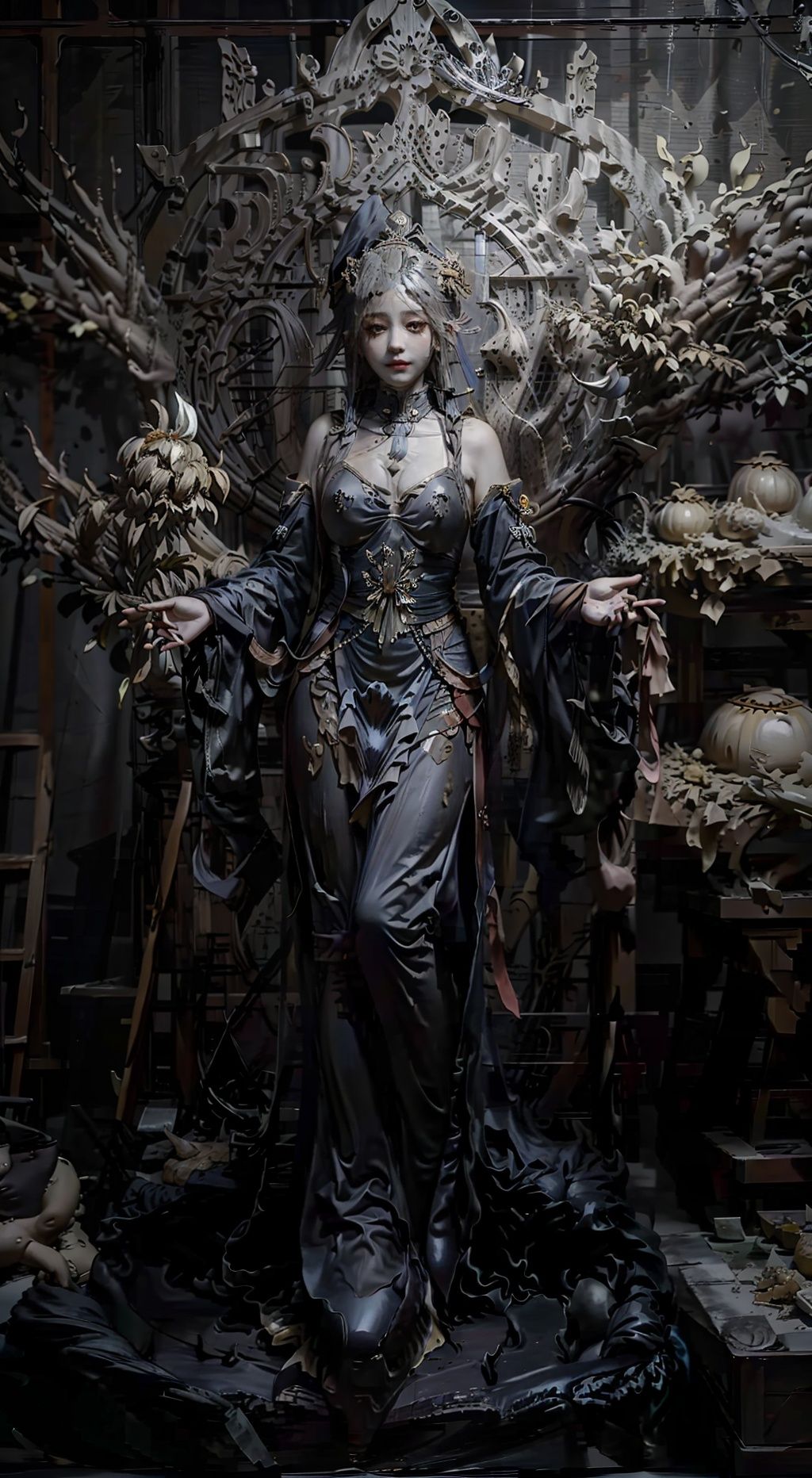 High quality, masterpiece, 1 girl, jiangshi, qing_ Guanmao, no bra,breast curtains,china dress,mudiao