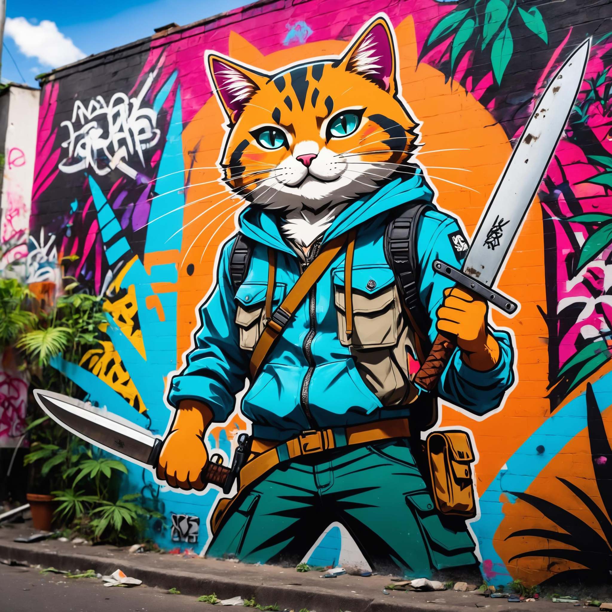 Graffiti style anime style,  adventurer cat,  dense jungle on Tensor.Art