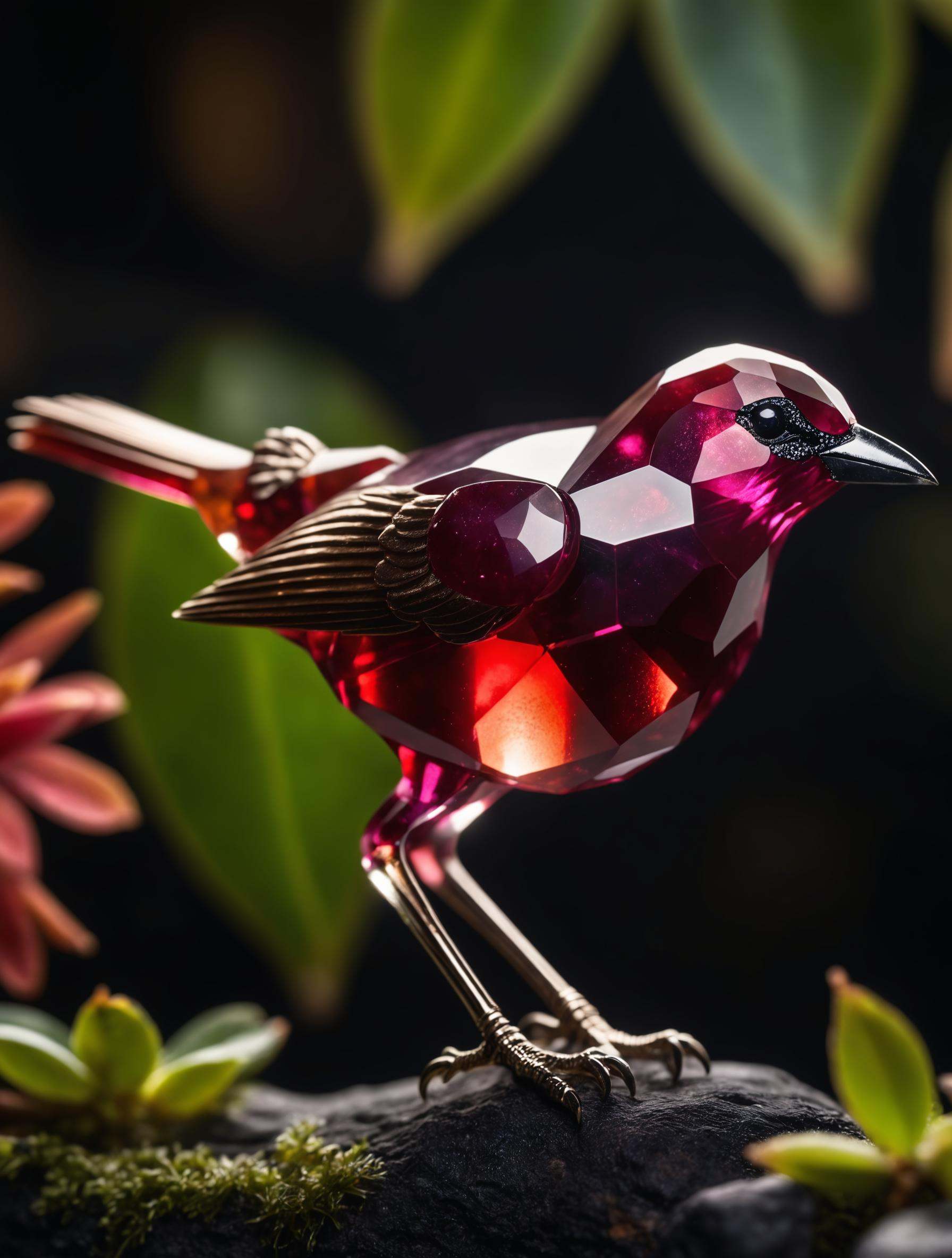 a rubin gemstone bird,  translucent,  high quality photography on Tensor.Art