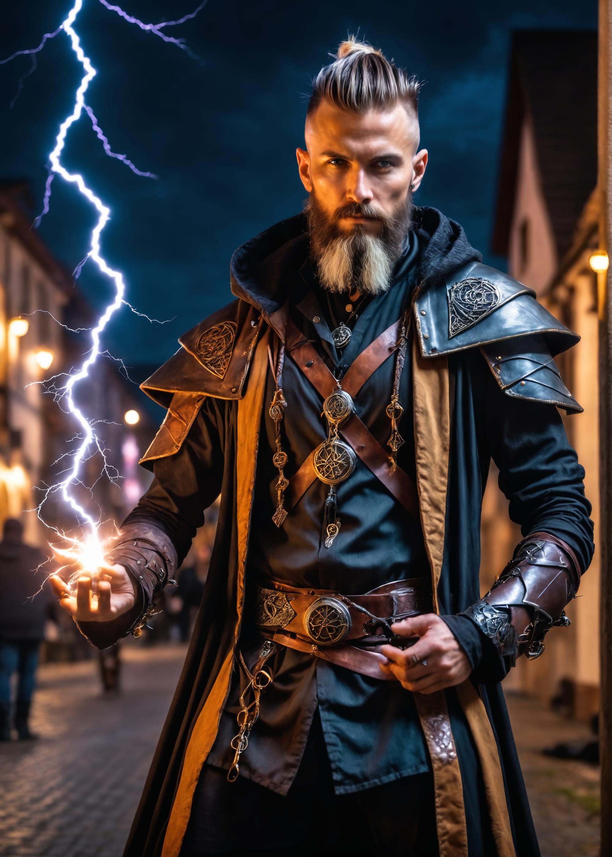 awardwinning photo of cyberpunk medieval Spellcaster,  weird beard,  man on Tensor.Art