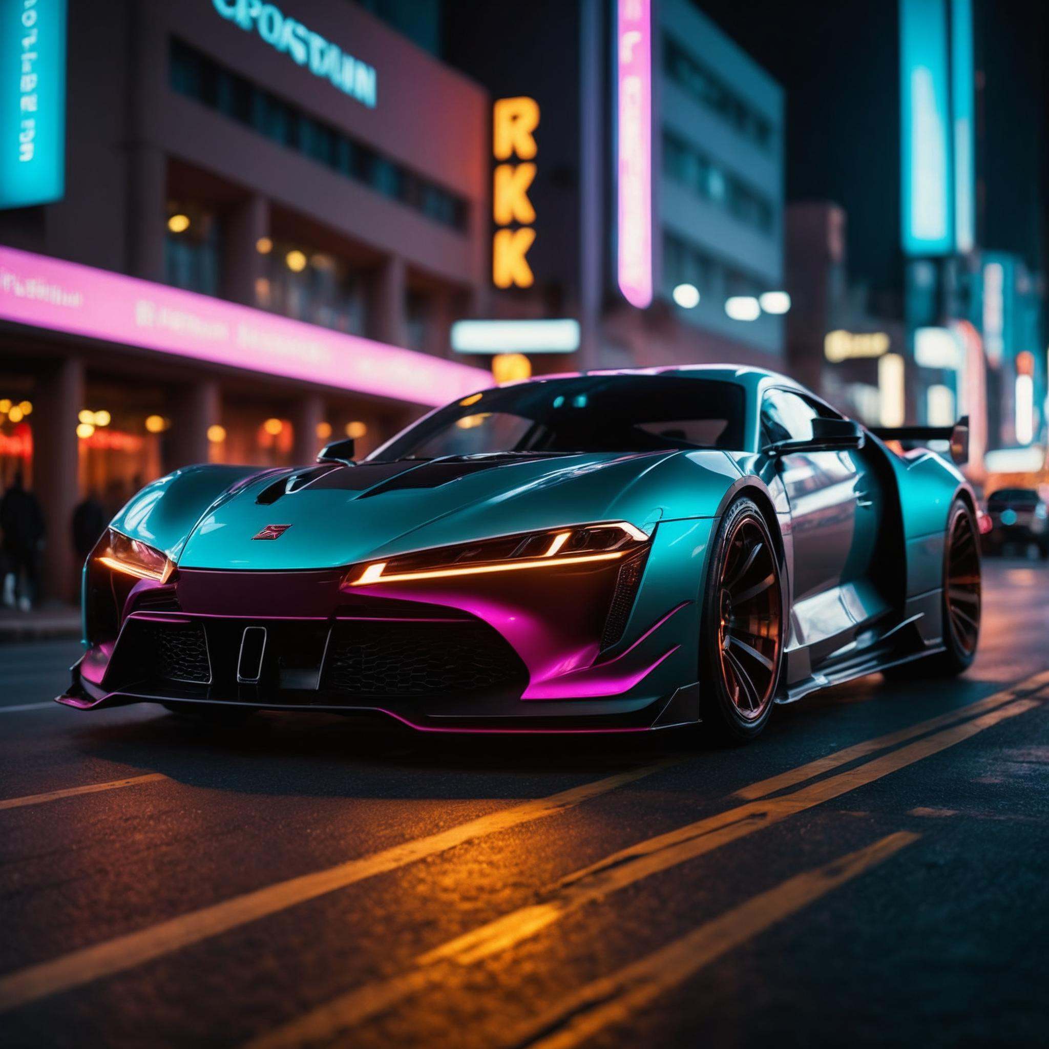 cinematic film still cyberpunk sportscar riding into a dark neon lighted city,  amazing details,  masterpiece on Tensor.Art