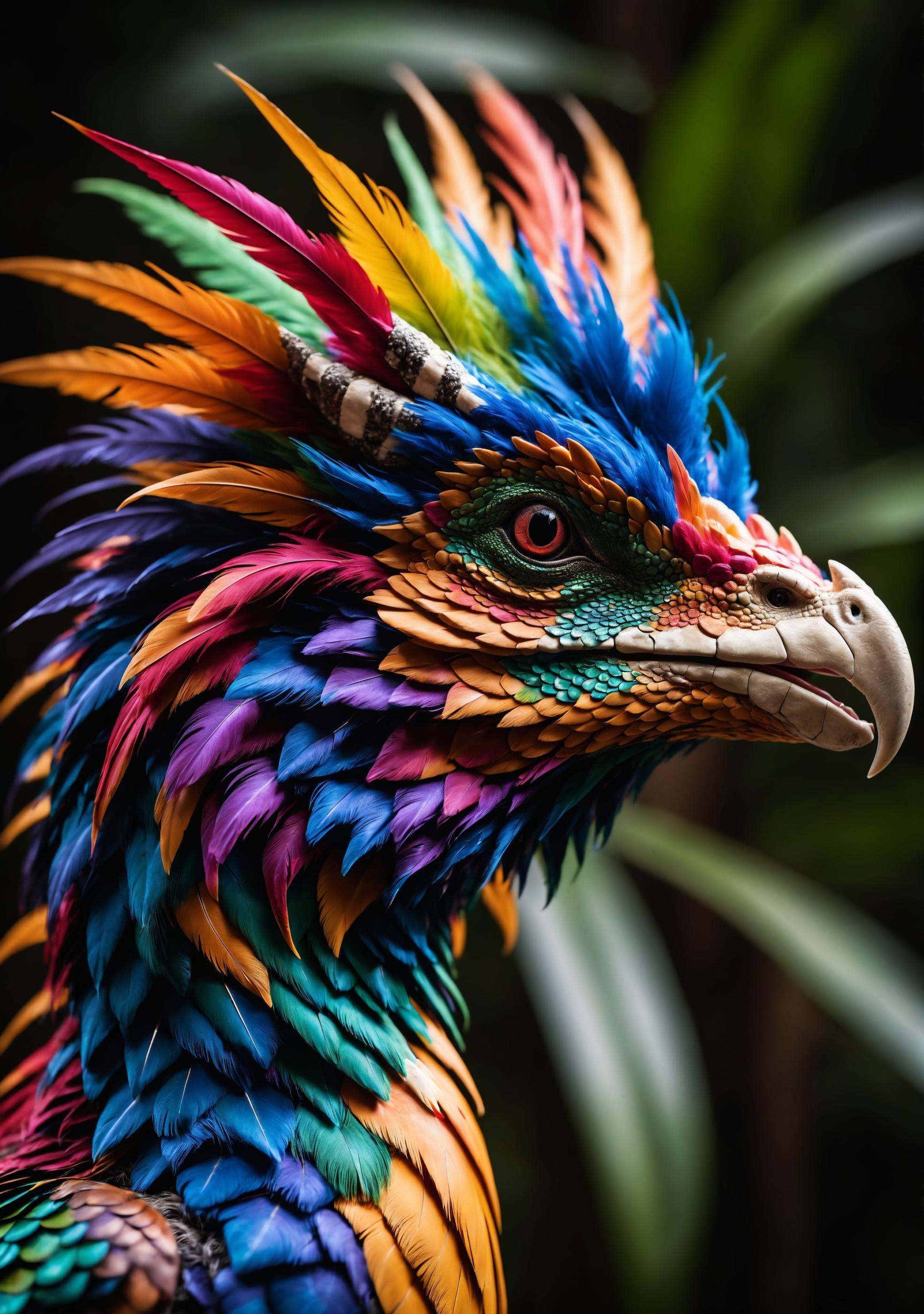 a colorful exotic dragon_bird,  feathers,  film grain on Tensor.Art
