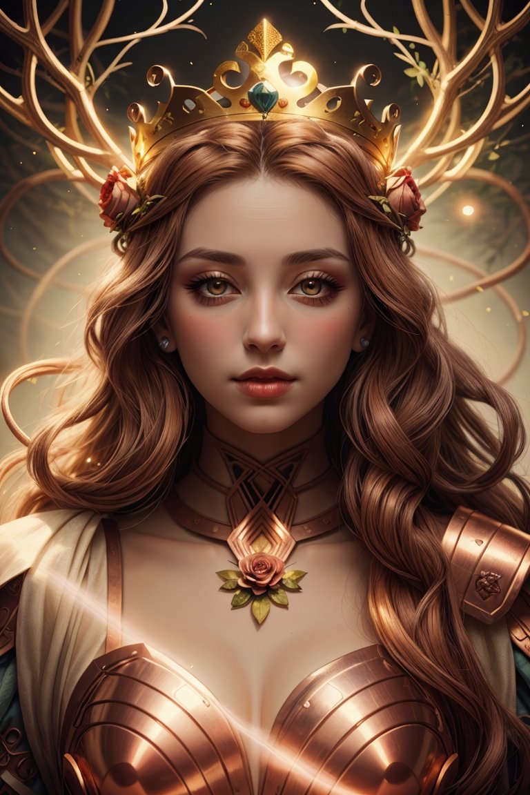 ultra detailed druid goddess with a crown made out of pure light,  kind-hearted with a penetrating gaze,  golden glow on T...