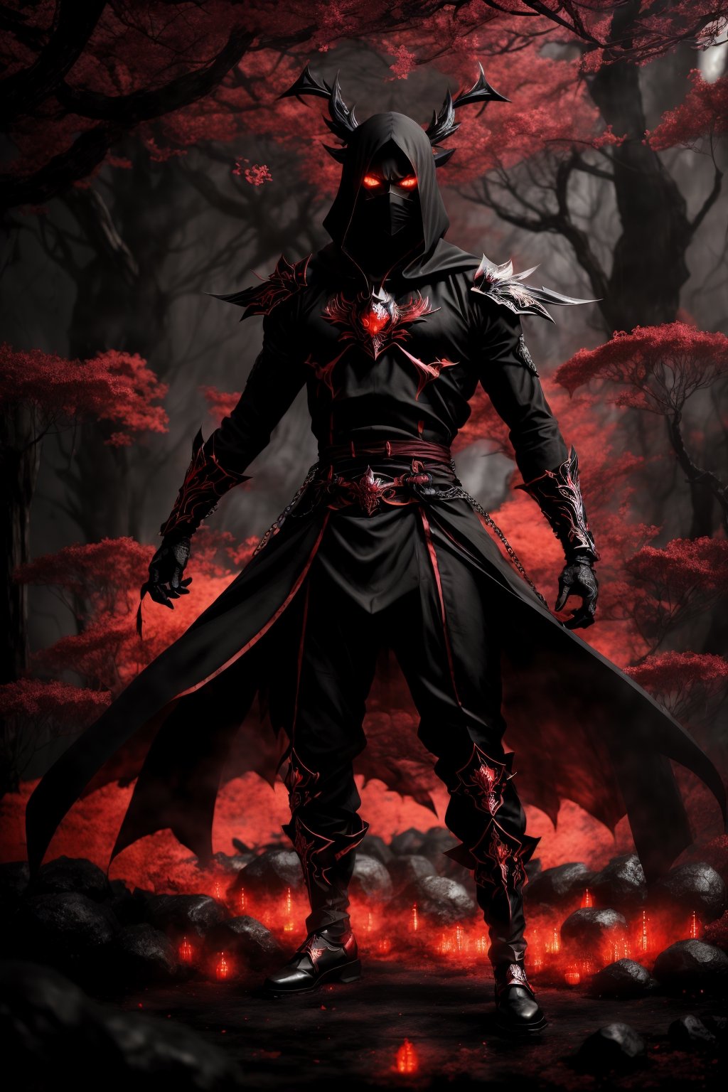 A striking anime character,  shrouded in shadows and poised for battle,  stands against a deep crimson background adorned...