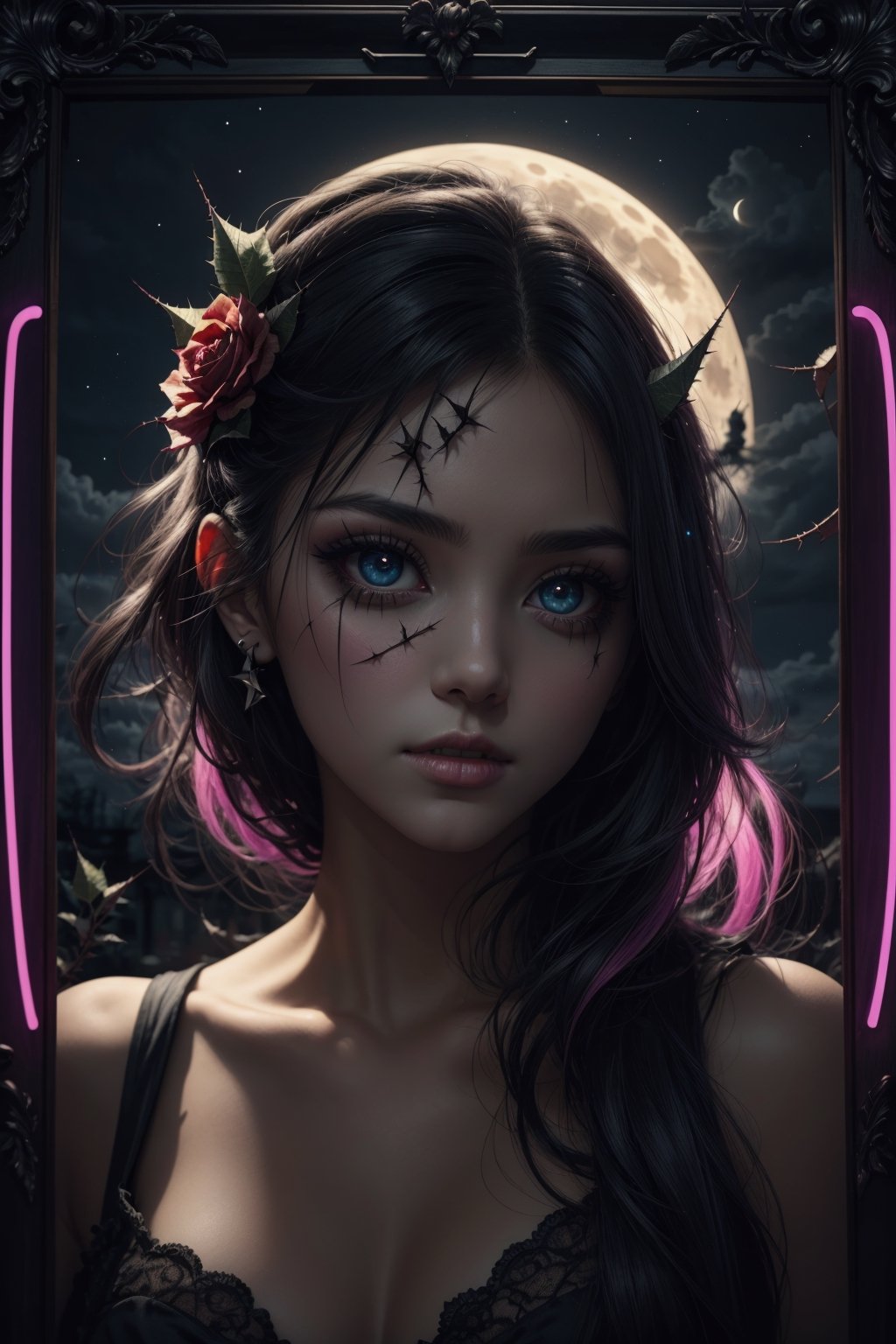 neon light art,  An eye-shaped frame in the middle of the picture,  inside the frame is a zombie girl on Tensor.Art