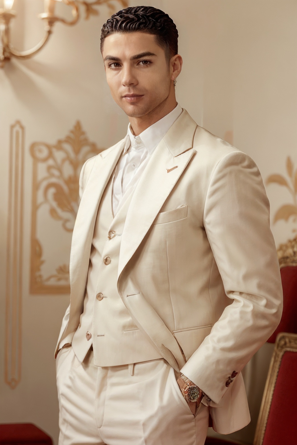 potrait,r0n4ld0A ,dashing 33-year-old with refined features and a sophisticated demeanor poses against a timeless backdrop. The 4K resolution highlights every aspect of his elegance and charm, elegance-themed photography by Eleanor Eleganza, 2023, 4K camera, soft studio lighting, <lora:r0n4ld0-06:0.8>, <lora:users_LORA_614422834634253146_yuzu2:0.2>