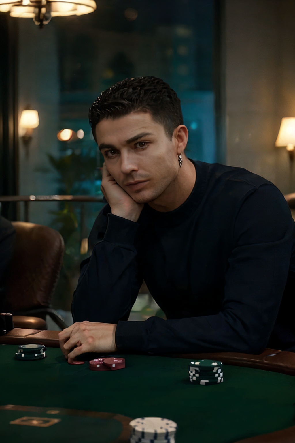 cinematic film still cinematic photo r0n4ld0, a man sits at a poker table and asks: "What do you got?.,  <lora:r0n4ld0-06:1> . 35mm photograph, film, bokeh, professional, 4k, highly detailed . shallow depth of field, vignette, highly detailed, high budget Hollywood movie, bokeh, cinemascope, moody, epic, gorgeous, film grain, grainy