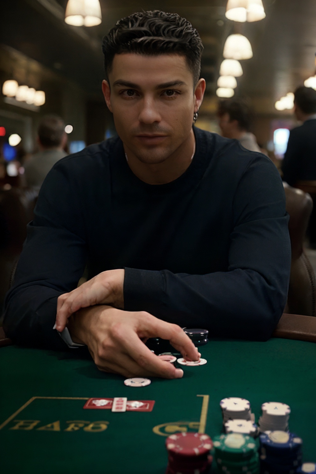 cinematic film still cinematic photo r0n4ld0, a man sits at a poker table and asks: "What do you got?.,  <lora:r0n4ld0-04:1> . 35mm photograph, film, bokeh, professional, 4k, highly detailed . shallow depth of field, vignette, highly detailed, high budget Hollywood movie, bokeh, cinemascope, moody, epic, gorgeous, film grain, grainy