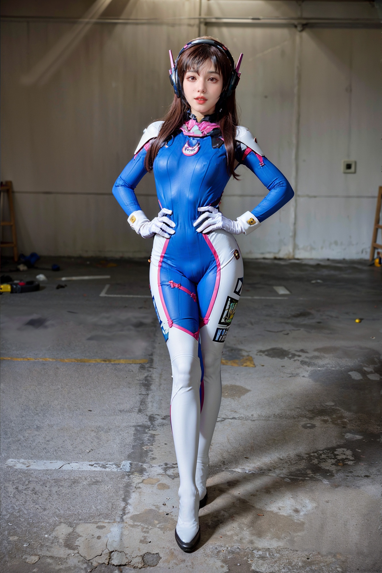 d.va,1girl,solo,bodysuit,weapon,brown hair,gun,long hair,hand on hip,facial mark,holding weapon,holding gun,headphones,white gloves,brown eyes,full body,looking at viewer,breasts,standing,ribbed bodysuit,bangs,lips,handgun,shoulder pads,<lora:D.va:0.6>,<lora:add_detail:0.4>,