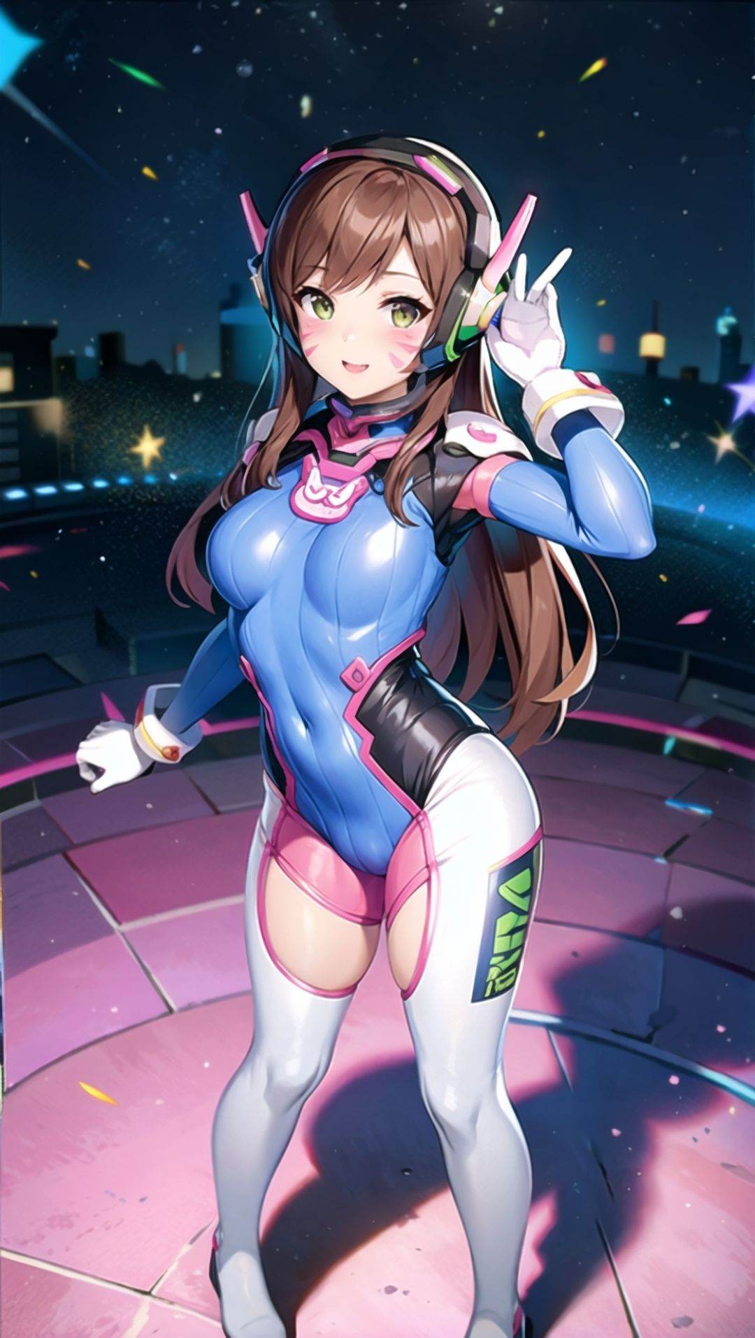 d.va,1girl,solo,bodysuit,brown hair,long hair,facial mark,white gloves,shoulder pads,headphones,ribbed bodysuit,high collar,<lora:add_detail:0.5>,<lora:D.va-000009:0.6>,(full body),standing,