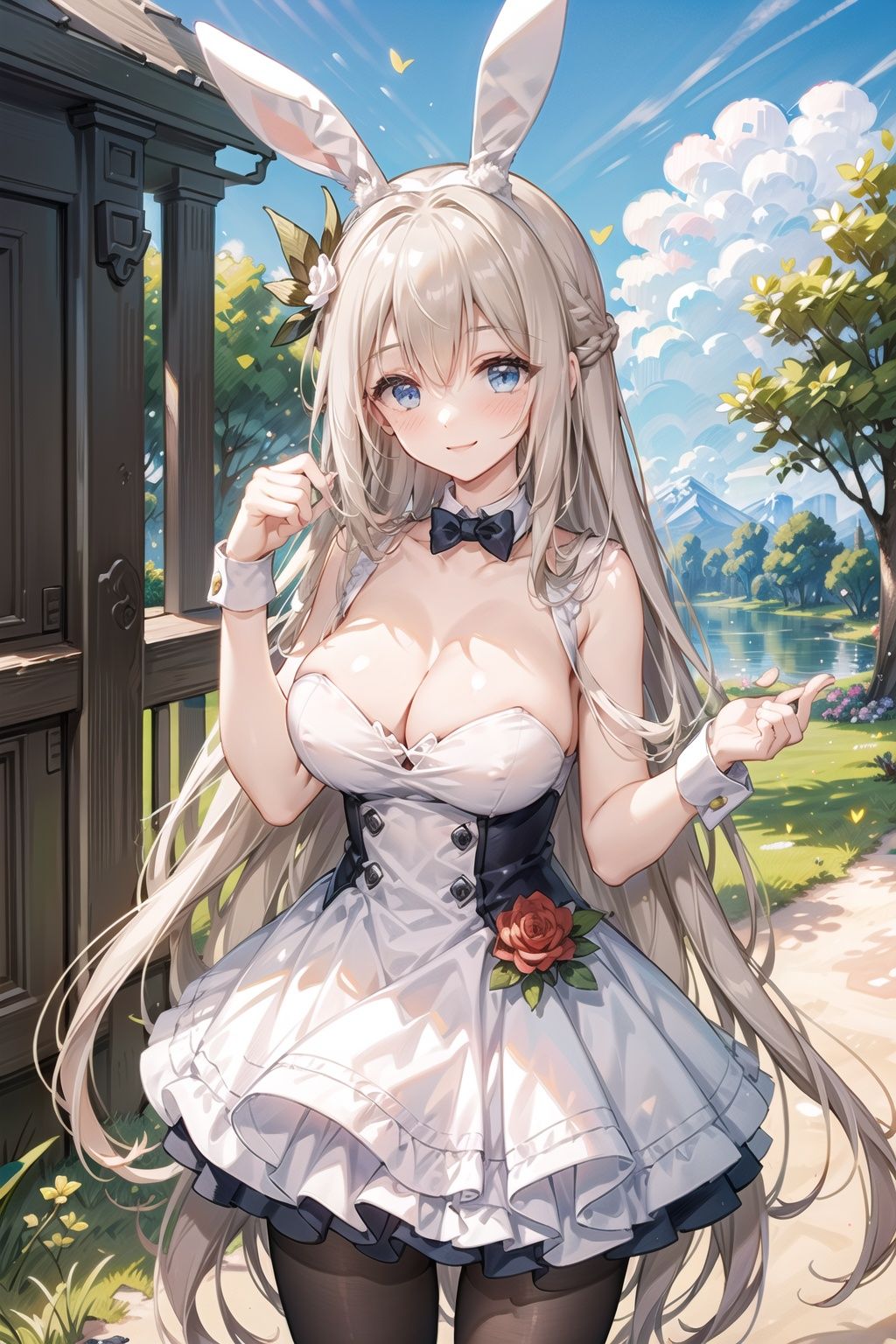 (1girl), solo,masterpiece, (8k, best quality, masterpiece:1.1),perfect artwork,highly detailed,ultra-detailed,masterclass,best quality,illustration,hair_between_eyes,  braid,cowboy shot collarbone, smile,sidelocks,sky, blush,large breasts,bunny girl.rabbit ears,bunny girl bodysuit,