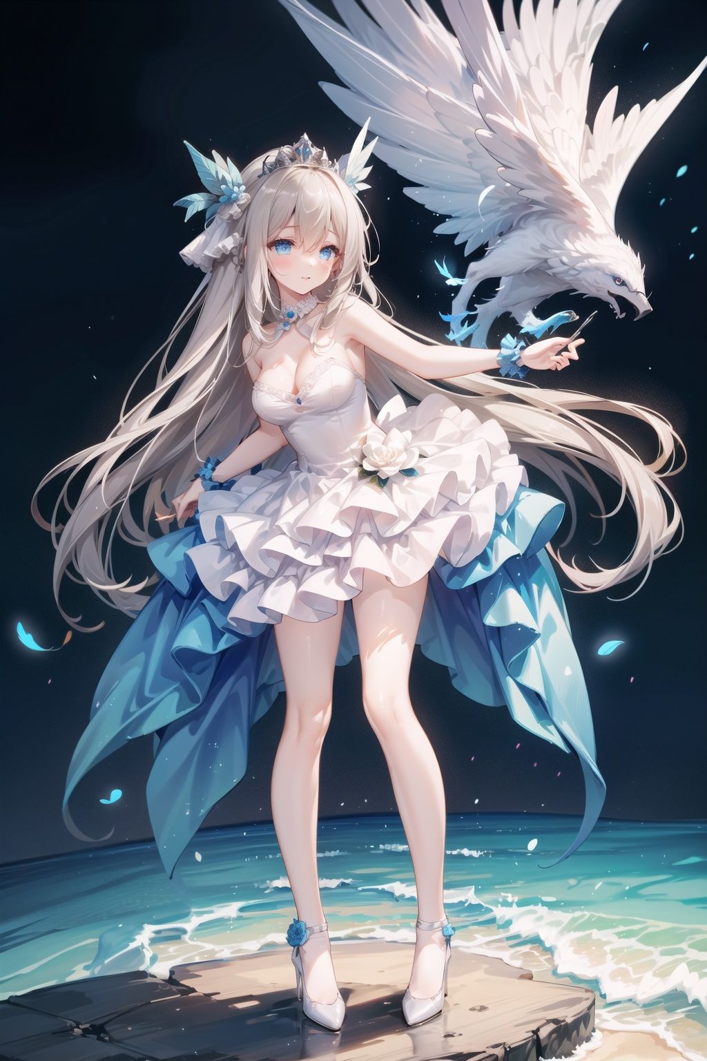 1girl, solo,hair_between_eyes,  braid,medium breasts,hair ornament,Flaxen long hair(delicate eyes),(blue eyes),(detailed facial features),full body, long_hair, blush,cowboy shot, feathers hair ornament, ,(dark blue wedding dress:1.2) 