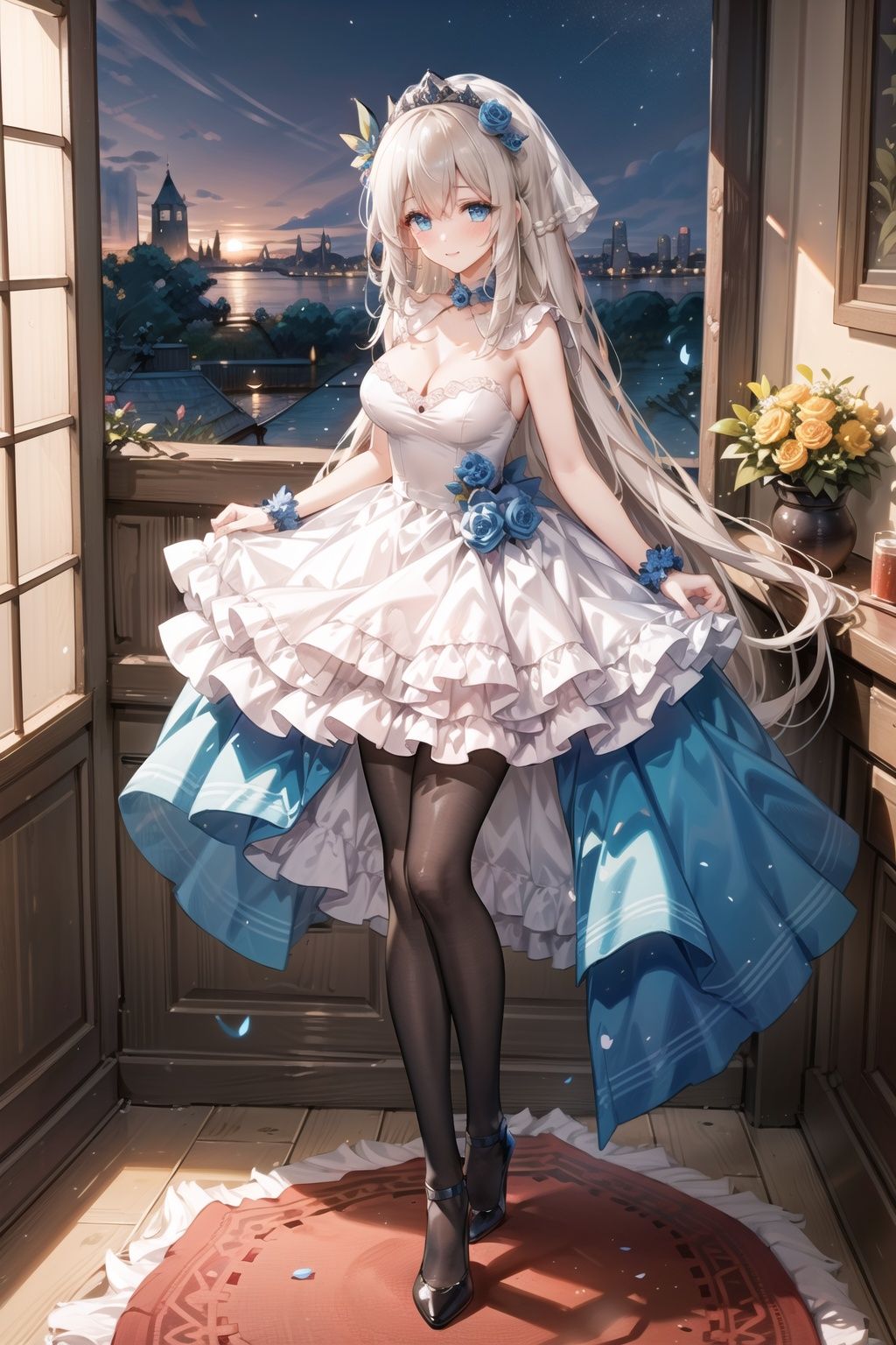 1girl, solo,masterpiece, (8k, best quality, masterpiece:1.2),highly detailed,ultra-detailed,masterclass,best quality,illustration,hair_between_eyes,  braid,perfect lighting,medium breasts,hair ornament,Flaxen long hair(delicate eyes),(blue eyes),(detailed facial features),full body, long_hair, blush,cowboy shot, feathers hair ornament, ,((dark blue) wedding dress:1.2),night,windows,indoors,light,indoors,carpet,