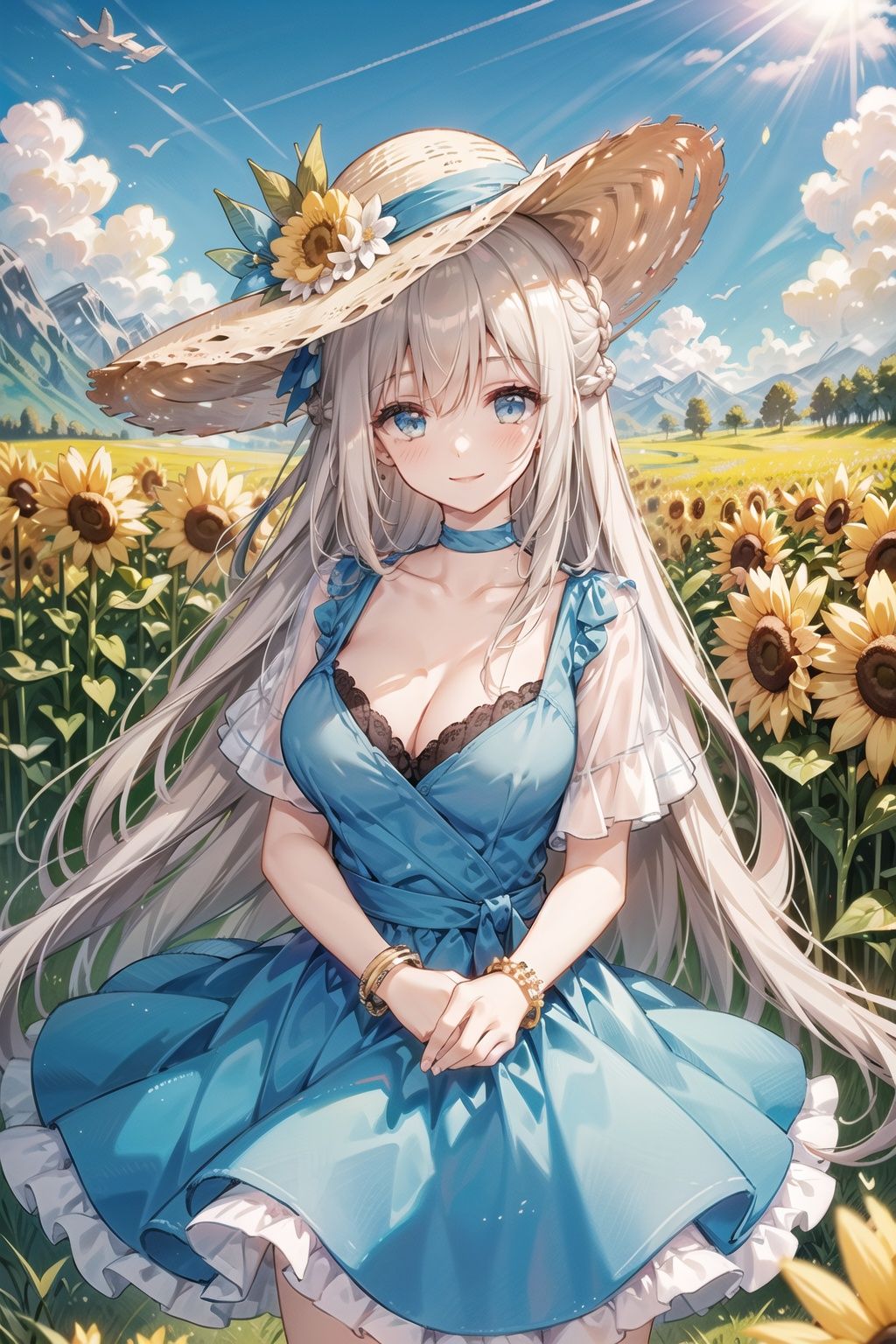(1girl), solo,hair_between_eyes,  braid,cowboy shot .blue dress,black bra,sunlight,collarbone, blue choker, short sleeves,smile,sidelocks,hat ribbon,hat flower,bracelet,outdoors,sky, sunflower,blush,field,straw hat,large breasts,