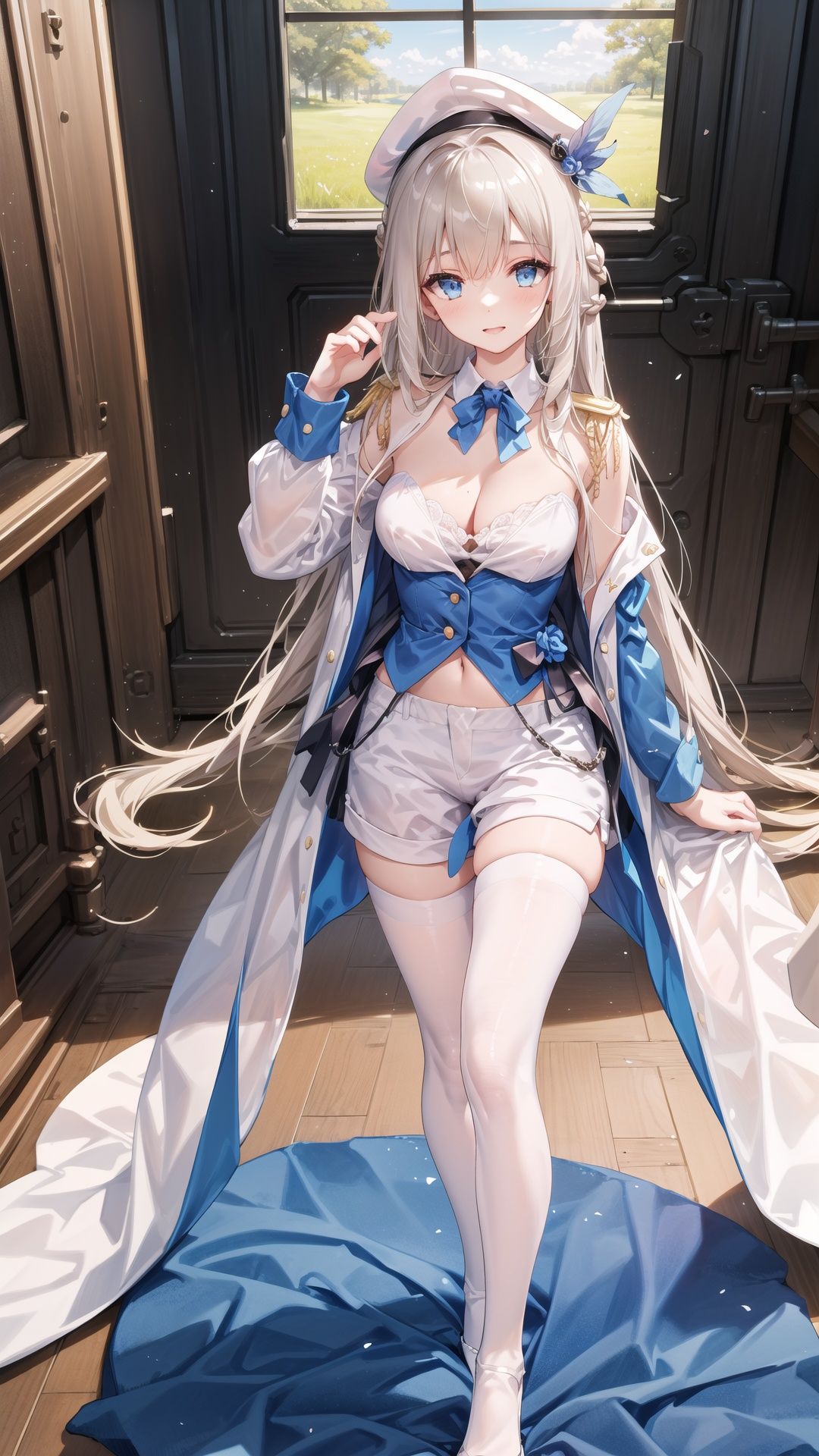  (1girl,solo),tender wifely.detailed hair,hair_between_eyes,braid,flaxen long hair;delicate azure eyes;beautiful detailed face,feathers hair ornament,white military uniform,white short pants;slender,medium breasts,perfect female body;looking at viewer,standing.masterpiece,best quality,highly detailed,8k,masterclass,illustration,amazing,highres,amazing,official art,illustration,perfect lighting,photorealistic.Lexington(Warship Girls R).
