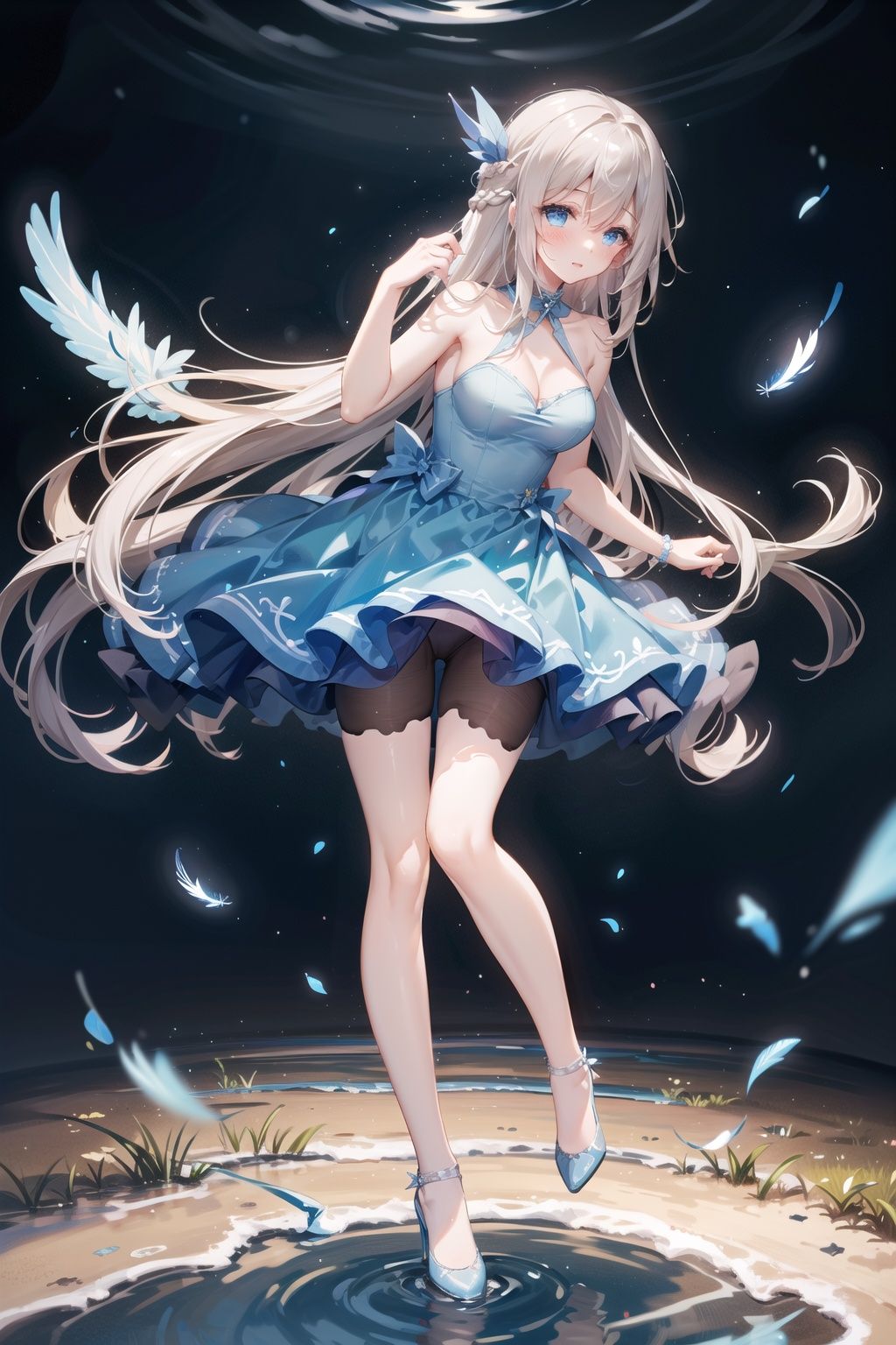 1girl, solo,hair_between_eyes,  braid,perfect lighting,medium breasts,hair ornament,Flaxen long hair(delicate eyes),(blue eyes),(detailed facial features),full body, long_hair, blush,cowboy shot, feathers hair ornament, ,(dark blue wedding dress:1.2) 