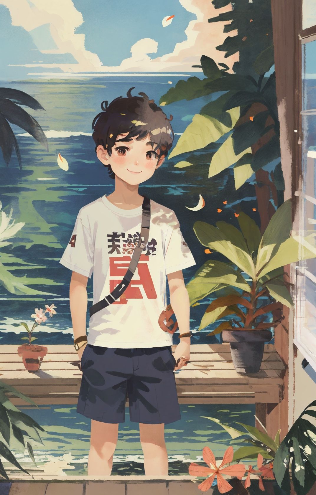 1boy, solo,  shirt, smile, ocean,  flowers, <lora:chahua_V1_bianping09HF:1>