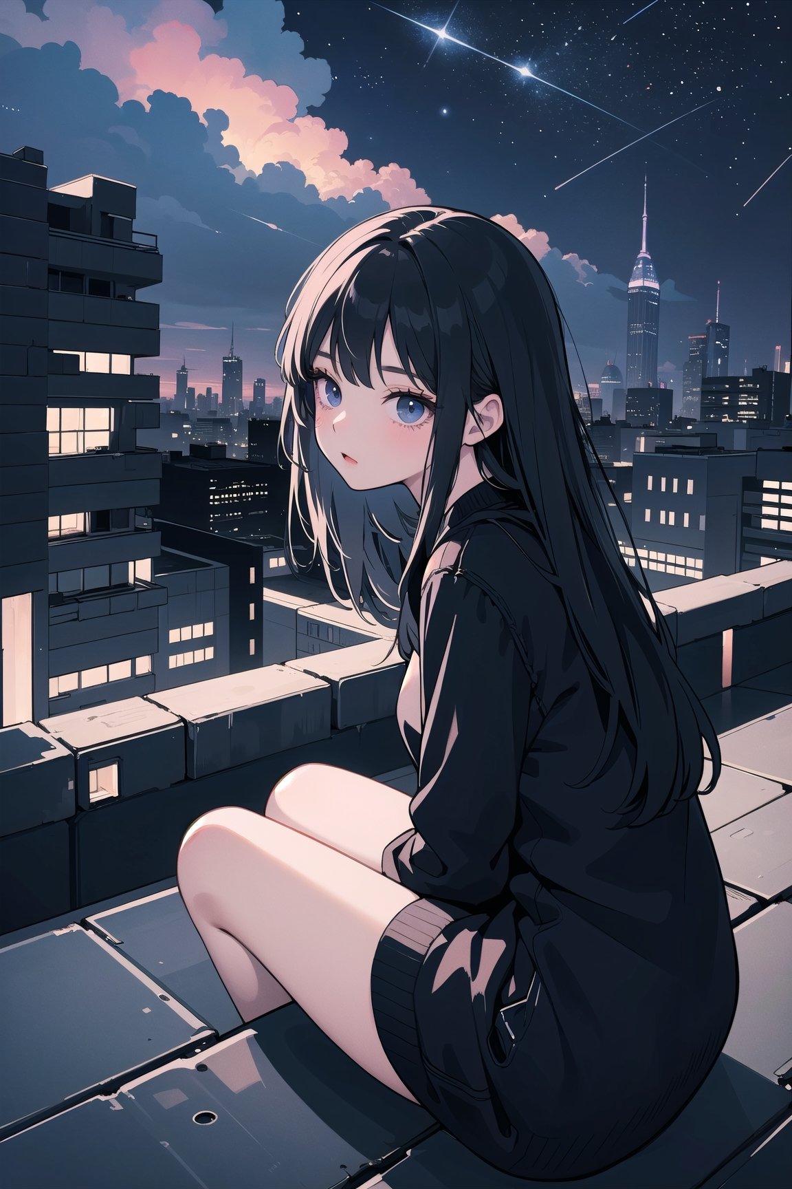 A girl sits on the rooftop,  gazing up at the starry sky. The photograph captures only her silhouette,  concealing her fac...